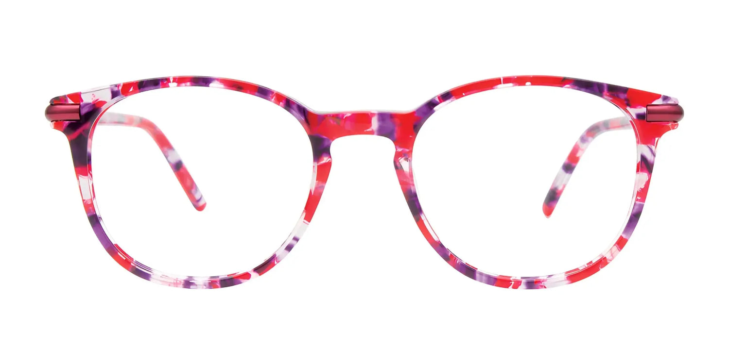 EasyClip EC658 Eyeglasses | Size 47 by EasyClip feature a colorful red, pink, and purple marbled round frame with a convenient clip-on design, shown on a white background. EasyClip EC658 Eyeglasses | Size 47 by EasyClip feature a colorful red, pink, and purple marbled round frame with a convenient clip-on design, shown on a white background.