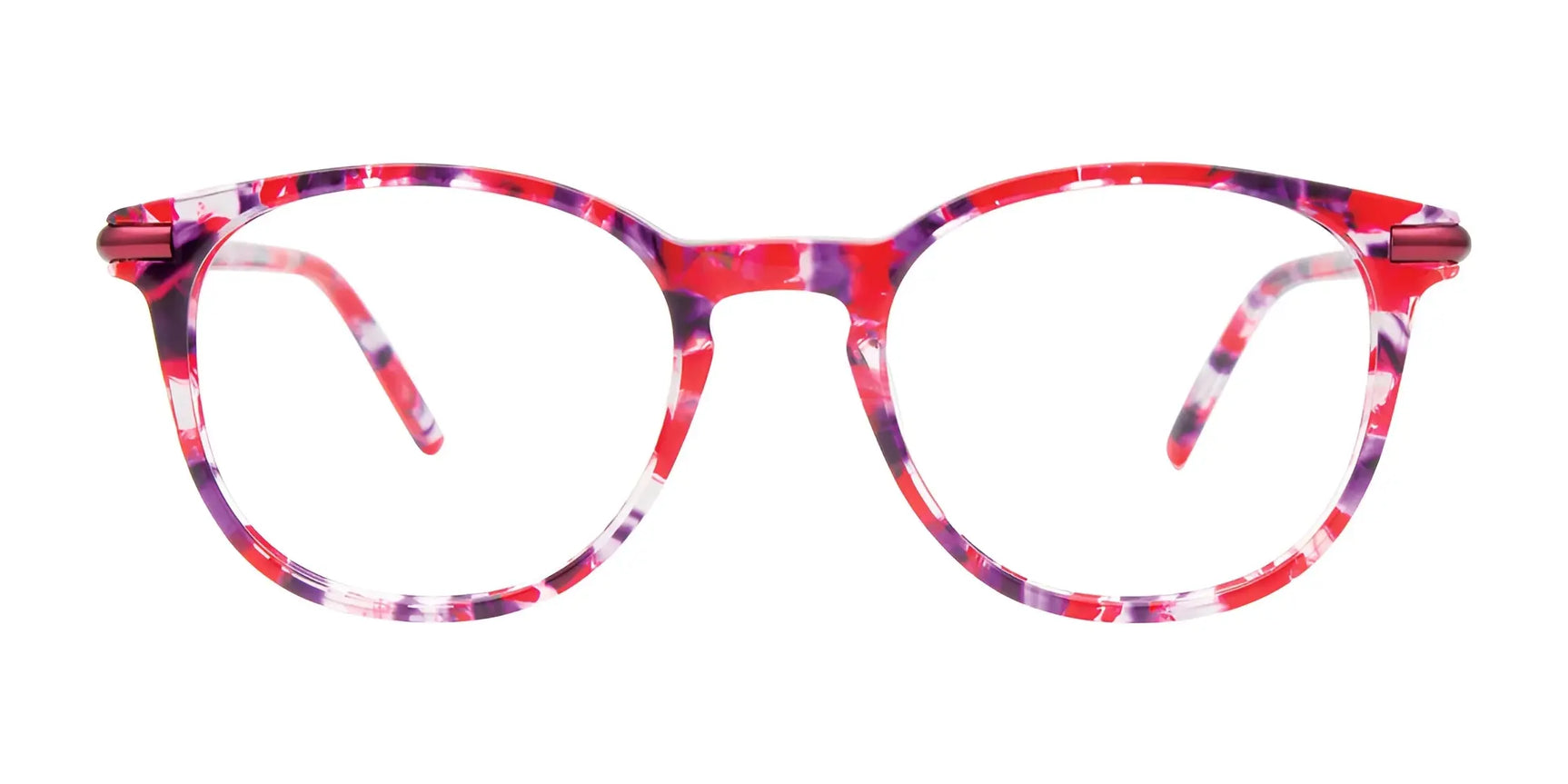 EasyClip EC658 Eyeglasses | Size 47 by EasyClip feature a colorful red, pink, and purple marbled round frame with a convenient clip-on design, shown on a white background. EasyClip EC658 Eyeglasses | Size 47 by EasyClip feature a colorful red, pink, and purple marbled round frame with a convenient clip-on design, shown on a white background.