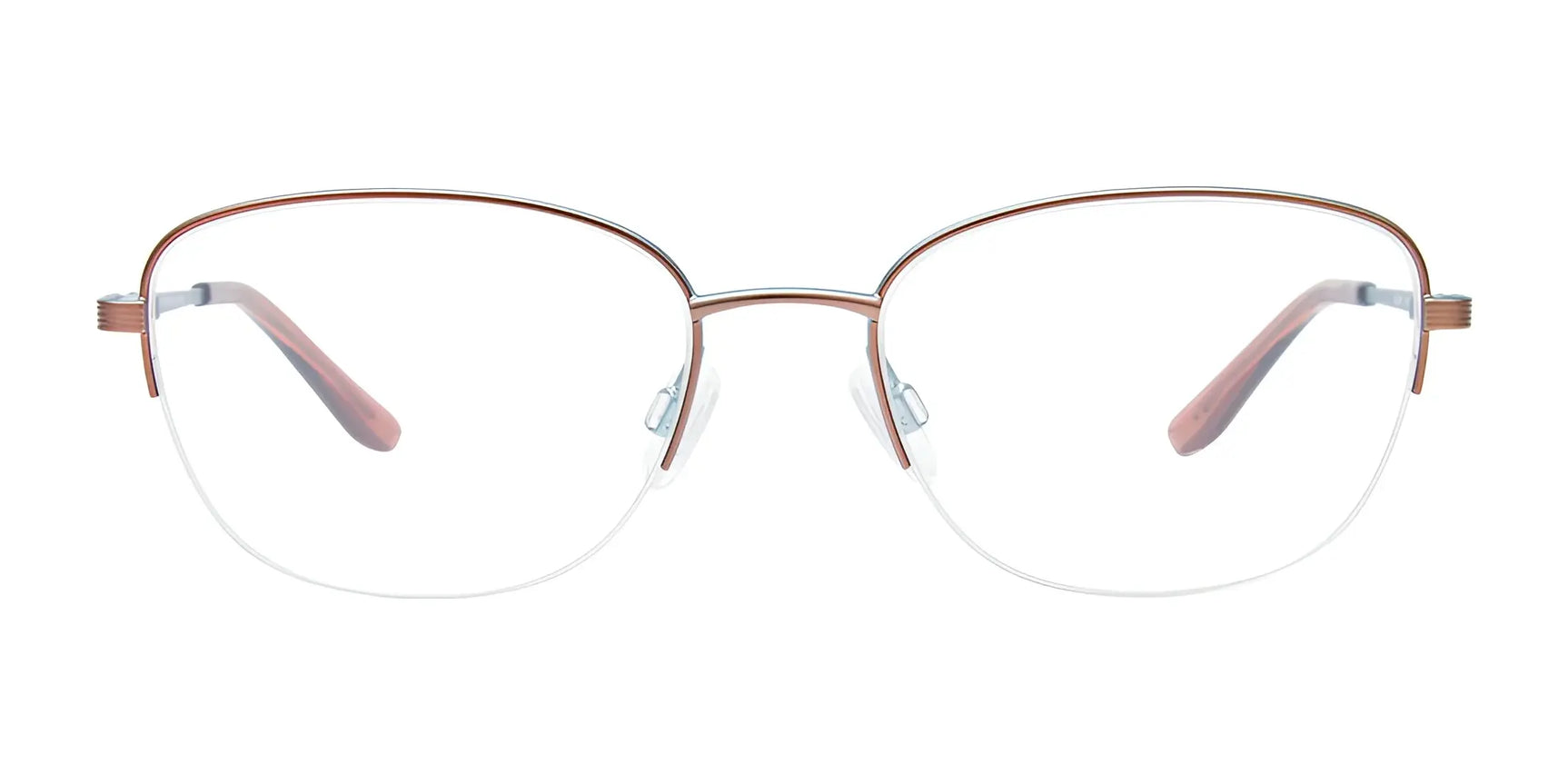 The EasyClip EC661 Eyeglasses by EasyClip, size 54, are brown metal semi-rimless frames with clear lenses shown front-facing on a white background. Includes clip-on polarized sunglasses for convenient outdoor use. The EasyClip EC661 Eyeglasses by EasyClip, size 54, are brown metal semi-rimless frames with clear lenses shown front-facing on a white background. Includes clip-on polarized sunglasses for convenient outdoor use.