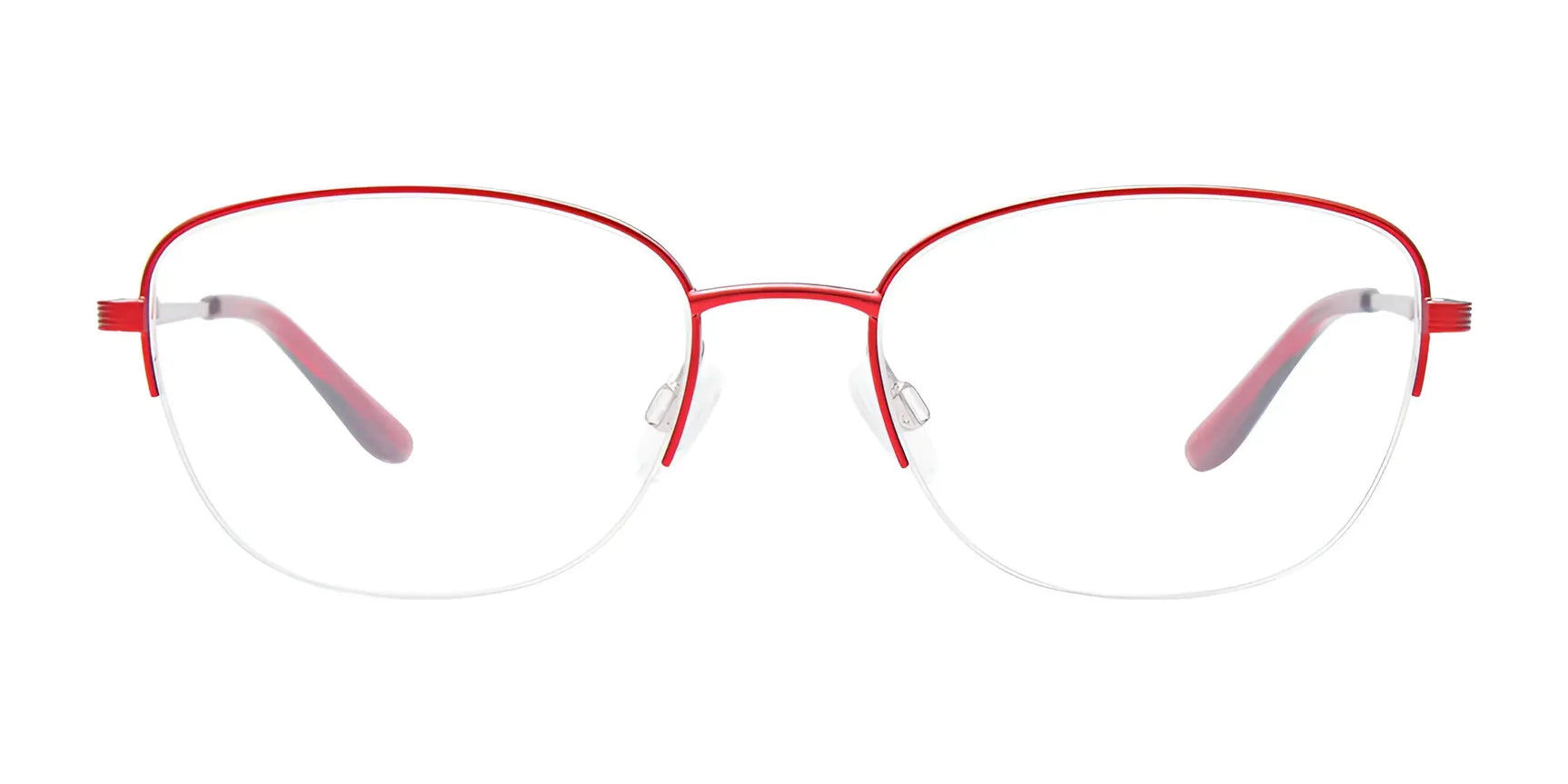 EasyClip EC661 Eyeglasses by EasyClip feature red oval frames and clear nose pads, shown on a white background. Includes clip-on sunglasses for convenience. Size 54. EasyClip EC661 Eyeglasses by EasyClip feature red oval frames and clear nose pads, shown on a white background. Includes clip-on sunglasses for convenience. Size 54.