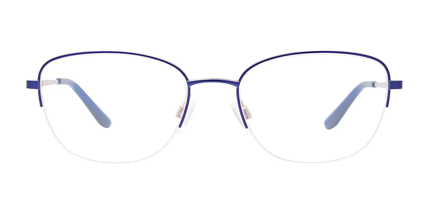 The EasyClip EC661 Eyeglasses by EasyClip feature large, blue metal rounded square frames and clear lenses. They are compatible with included clip-on sunglasses for easy sun protection. Size 54 shown on a white background. The EasyClip EC661 Eyeglasses by EasyClip feature large, blue metal rounded square frames and clear lenses. They are compatible with included clip-on sunglasses for easy sun protection. Size 54 shown on a white background.