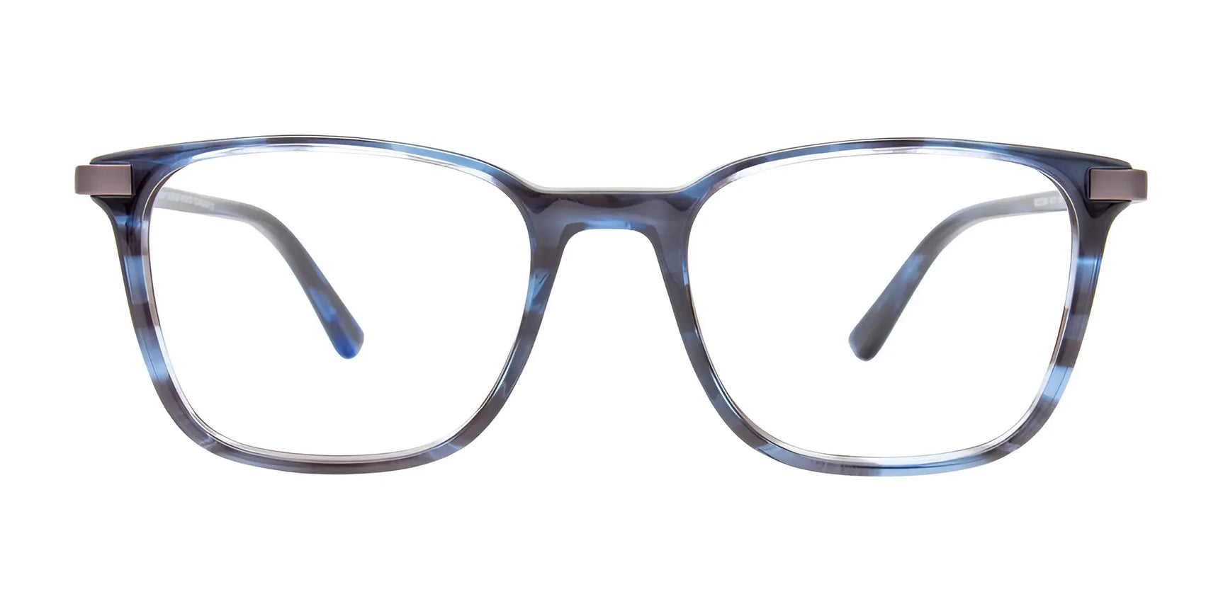 EasyClip EC664 Eyeglasses | Size 48 in blue and black with clear lenses are displayed on a white background. EasyClip EC664 Eyeglasses | Size 48 in blue and black with clear lenses are displayed on a white background.