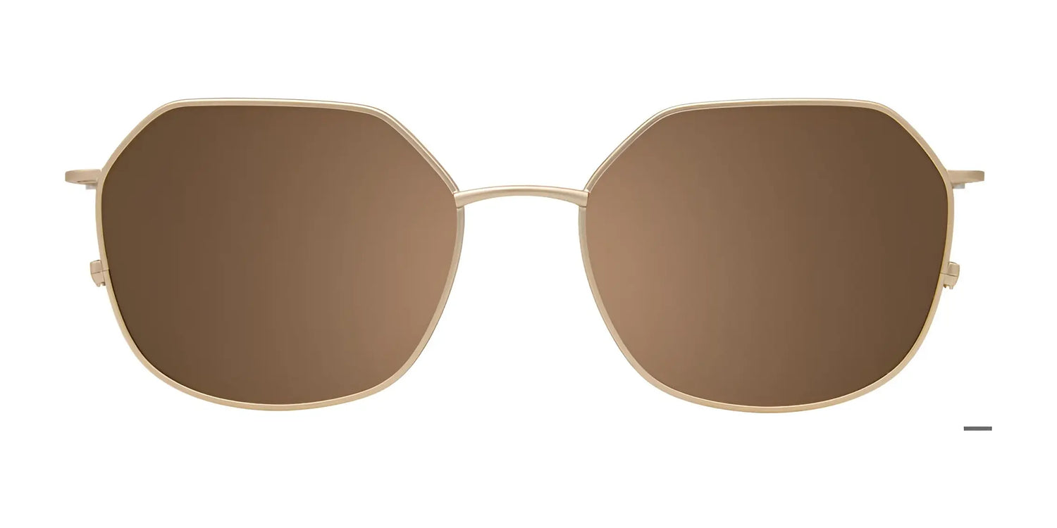 The EasyClip EC665 Eyeglasses with Clip-on Sunglasses by EasyClip feature a stylish geometric brown design, thin gold frames, and a convenient clip-on for added versatility, shown against a plain white background. Size 51. The EasyClip EC665 Eyeglasses with Clip-on Sunglasses by EasyClip feature a stylish geometric brown design, thin gold frames, and a convenient clip-on for added versatility, shown against a plain white background. Size 51.