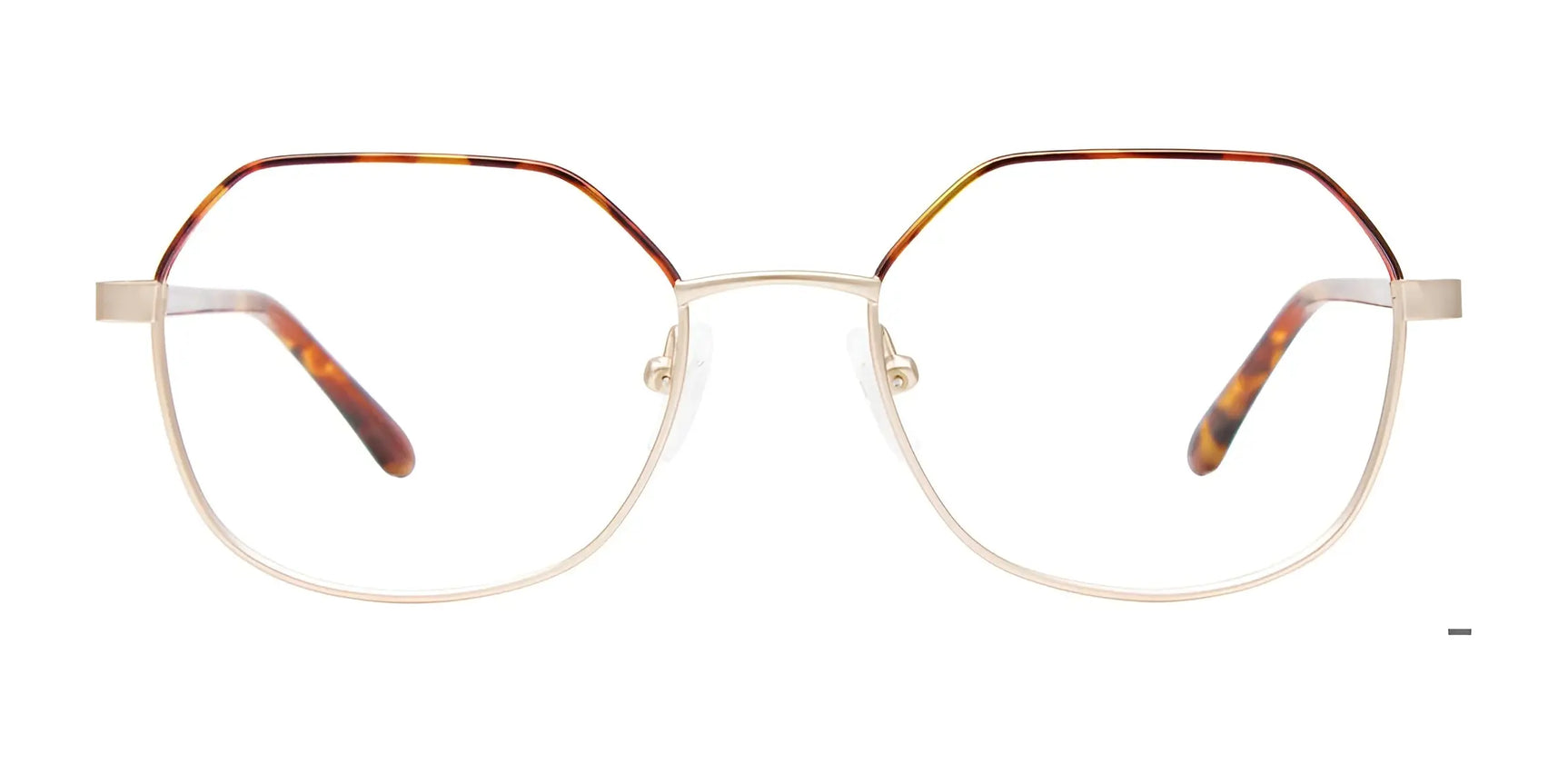 EasyClip EC665 Eyeglasses with Clip-on Sunglasses, size 51, feature a gold geometric frame with tortoiseshell accents on the upper rims and temple tips. Brand: EasyClip. Front view shown. EasyClip EC665 Eyeglasses with Clip-on Sunglasses, size 51, feature a gold geometric frame with tortoiseshell accents on the upper rims and temple tips. Brand: EasyClip. Front view shown.