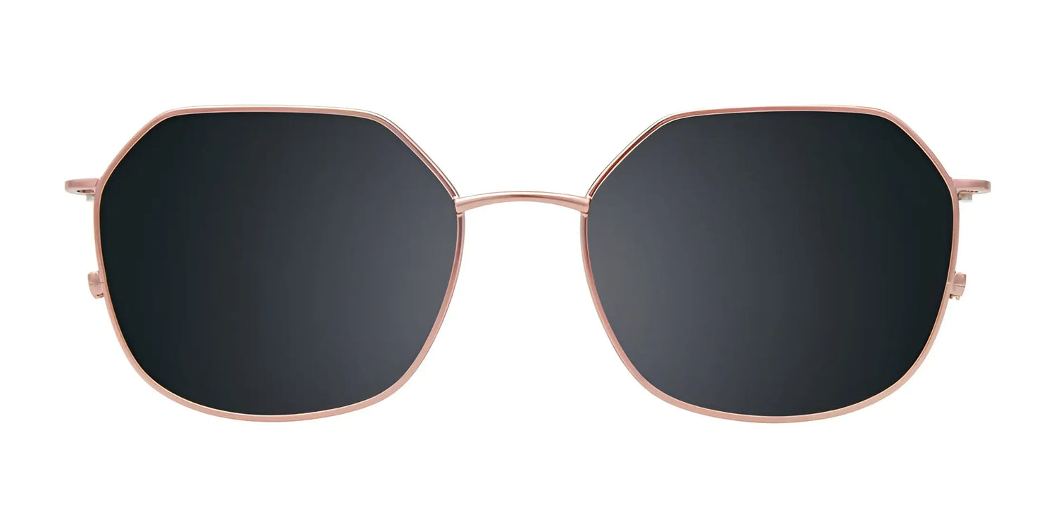 EasyClip EC665 Eyeglasses with Clip-on Sunglasses by EasyClip feature black lenses and thin rose gold metal frames, size 51, shown on a white background. EasyClip EC665 Eyeglasses with Clip-on Sunglasses by EasyClip feature black lenses and thin rose gold metal frames, size 51, shown on a white background.