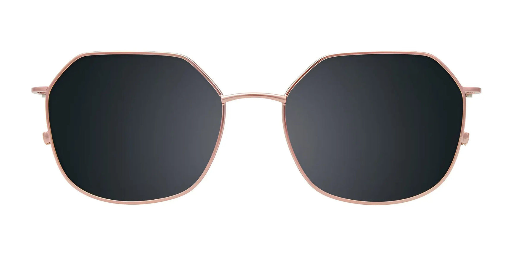 EasyClip EC665 Eyeglasses with Clip-on Sunglasses by EasyClip feature black lenses and thin rose gold metal frames, size 51, shown on a white background. EasyClip EC665 Eyeglasses with Clip-on Sunglasses by EasyClip feature black lenses and thin rose gold metal frames, size 51, shown on a white background.
