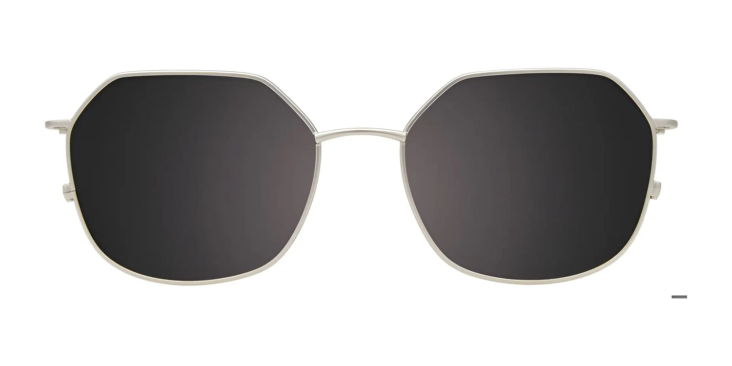 Front view of EasyClip EC665 Eyeglasses with geometric clip-on sunglasses, thin silver metal frames, and dark tinted lenses. Brand: EasyClip. Size: 51. Front view of EasyClip EC665 Eyeglasses with geometric clip-on sunglasses, thin silver metal frames, and dark tinted lenses. Brand: EasyClip. Size: 51.