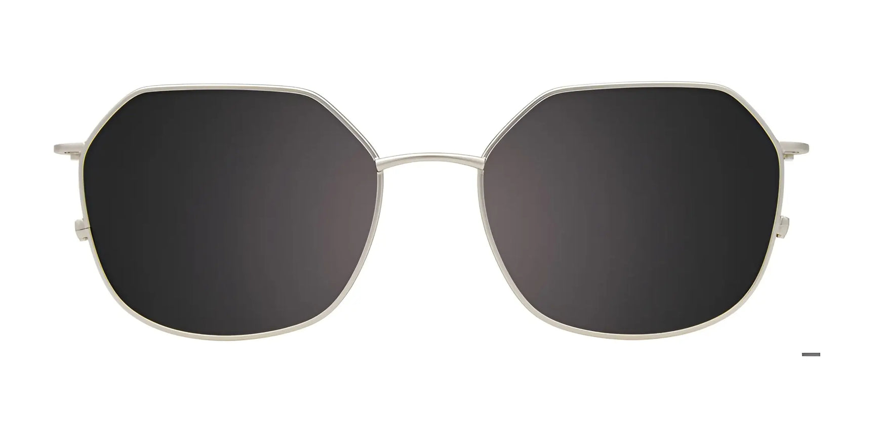 Front view of EasyClip EC665 Eyeglasses with geometric clip-on sunglasses, thin silver metal frames, and dark tinted lenses. Brand: EasyClip. Size: 51. Front view of EasyClip EC665 Eyeglasses with geometric clip-on sunglasses, thin silver metal frames, and dark tinted lenses. Brand: EasyClip. Size: 51.
