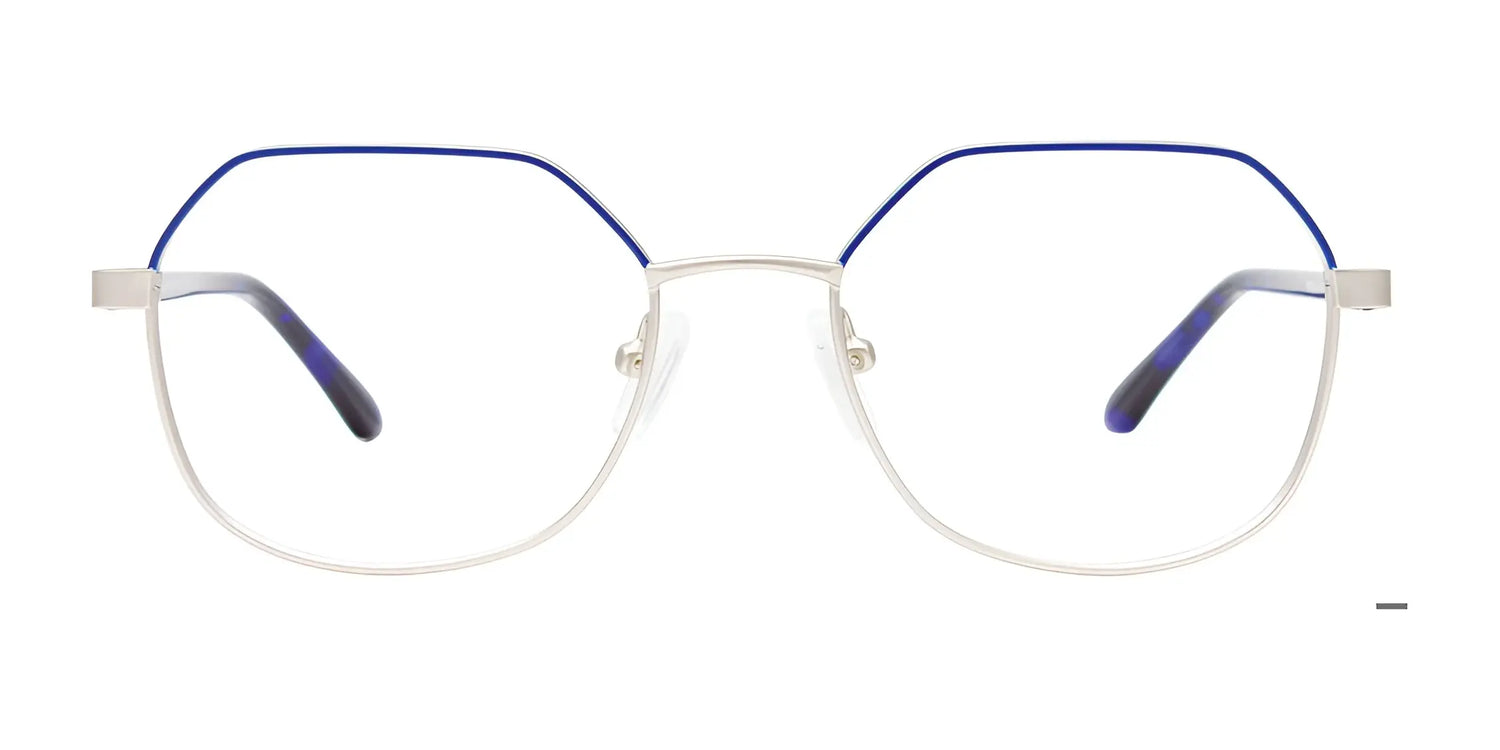 The EasyClip EC665 Eyeglasses by EasyClip feature hexagonal silver frames with blue accents, thin metal design, and come in size 51. They include a clip-on sunglasses option for easy compatibility. The EasyClip EC665 Eyeglasses by EasyClip feature hexagonal silver frames with blue accents, thin metal design, and come in size 51. They include a clip-on sunglasses option for easy compatibility.