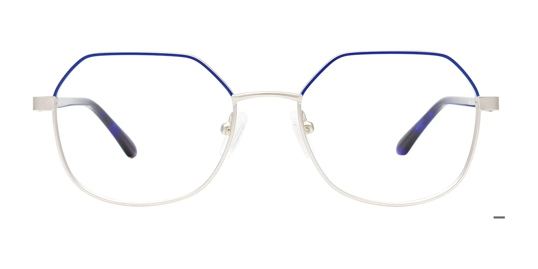 The EasyClip EC665 Eyeglasses by EasyClip feature hexagonal silver frames with blue accents, thin metal design, and come in size 51. They include a clip-on sunglasses option for easy compatibility. The EasyClip EC665 Eyeglasses by EasyClip feature hexagonal silver frames with blue accents, thin metal design, and come in size 51. They include a clip-on sunglasses option for easy compatibility.