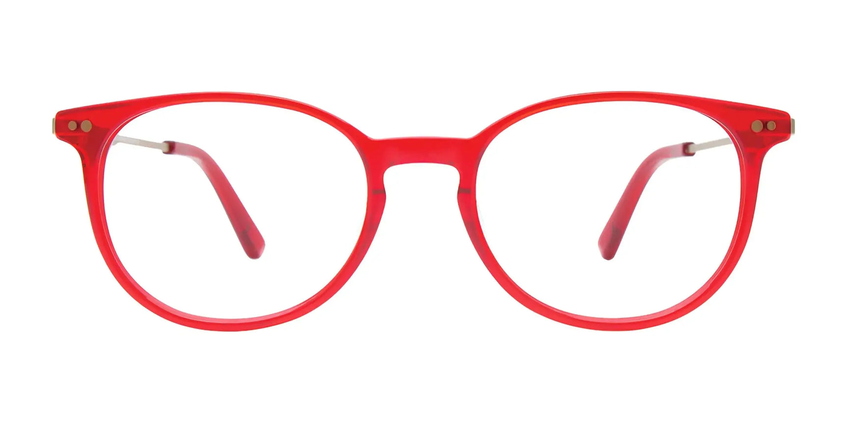EasyClip EC667 Eyeglasses | Size 48 by EasyClip, featuring red round frames, thin arms, and clear prescription-ready lenses, shown on a white background. EasyClip EC667 Eyeglasses | Size 48 by EasyClip, featuring red round frames, thin arms, and clear prescription-ready lenses, shown on a white background.