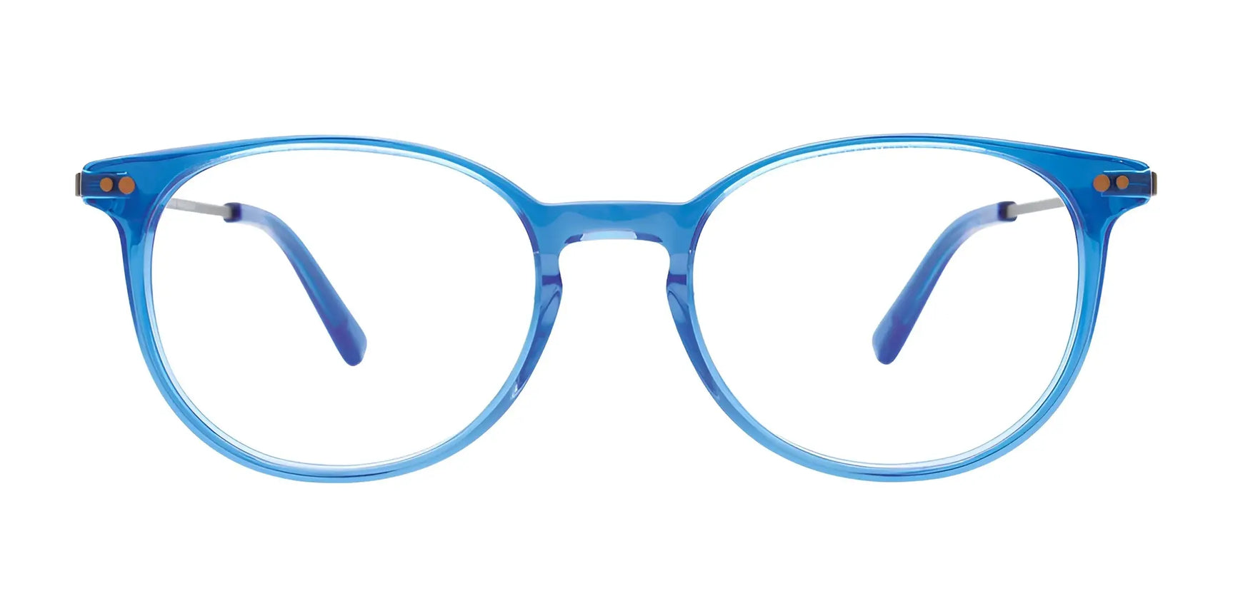 EasyClip EC667 Eyeglasses in blue, size 48, with round frames and clear prescription-ready lenses, shown from the front against a white background. EasyClip EC667 Eyeglasses in blue, size 48, with round frames and clear prescription-ready lenses, shown from the front against a white background.