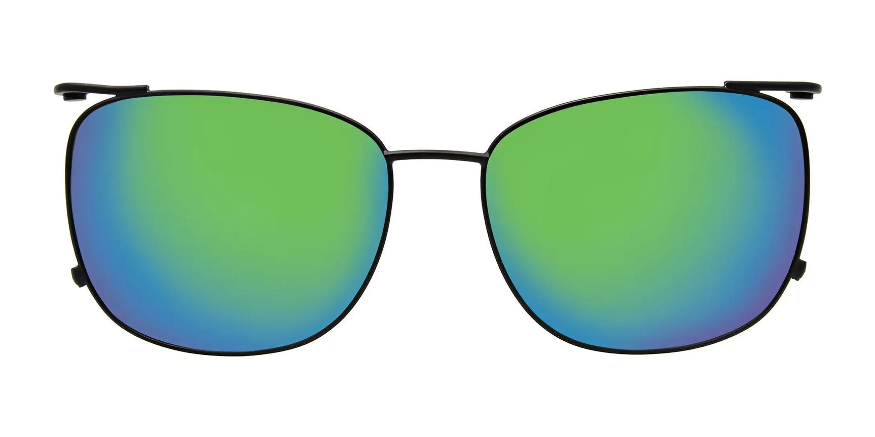 Front view of EasyClip EC670 Eyeglasses by EasyClip, featuring black frames and green-blue gradient mirrored clip-on polarized sunglasses on a white background. Front view of EasyClip EC670 Eyeglasses by EasyClip, featuring black frames and green-blue gradient mirrored clip-on polarized sunglasses on a white background.