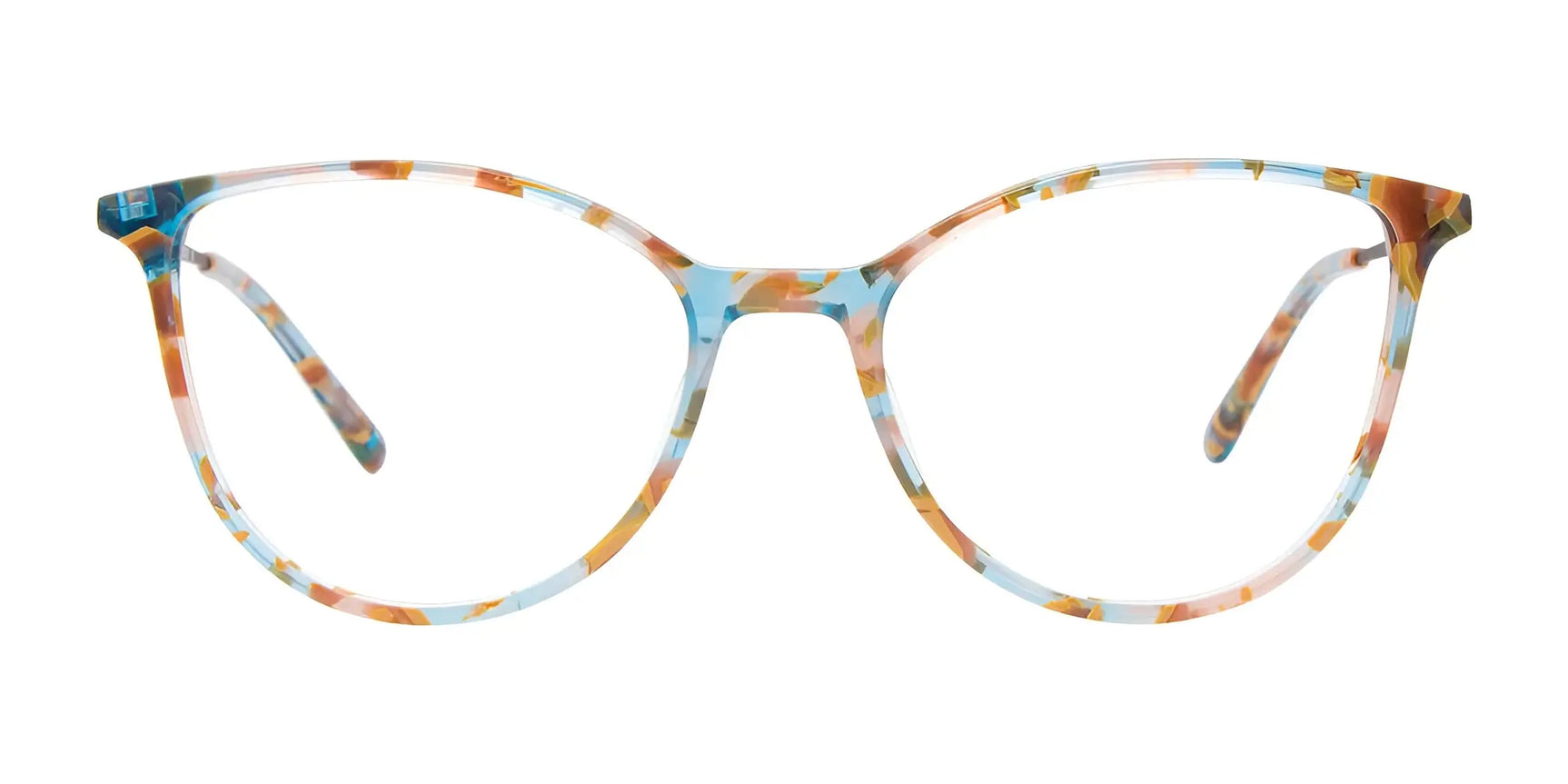 EasyClip EC673 Eyeglasses, cat-eye frames in translucent blue, brown, and orange tortoiseshell, include a handy polarized clip-on sunglass lens. EasyClip EC673 Eyeglasses, cat-eye frames in translucent blue, brown, and orange tortoiseshell, include a handy polarized clip-on sunglass lens.