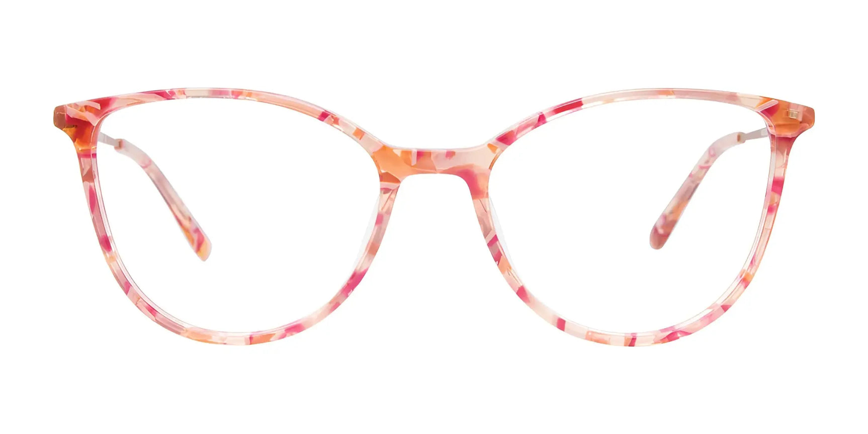 EasyClip EC673 Eyeglasses by EasyClip in pink and orange cat-eye tortoiseshell, size 51, shown with clear lenses on a white background. Includes clip-on polarized sunglasses for versatile style. EasyClip EC673 Eyeglasses by EasyClip in pink and orange cat-eye tortoiseshell, size 51, shown with clear lenses on a white background. Includes clip-on polarized sunglasses for versatile style.