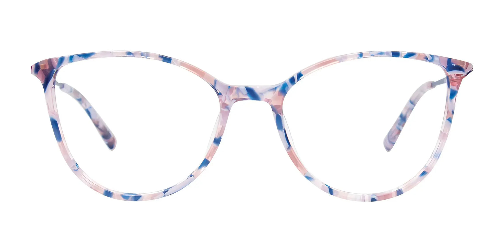 EasyClip EC673 Eyeglasses, size 51, feature a cat-eye shape with a pink, blue, and white marbled frame. Displayed on a white background and include convenient clip-on sunglasses. Brand: EasyClip. EasyClip EC673 Eyeglasses, size 51, feature a cat-eye shape with a pink, blue, and white marbled frame. Displayed on a white background and include convenient clip-on sunglasses. Brand: EasyClip.