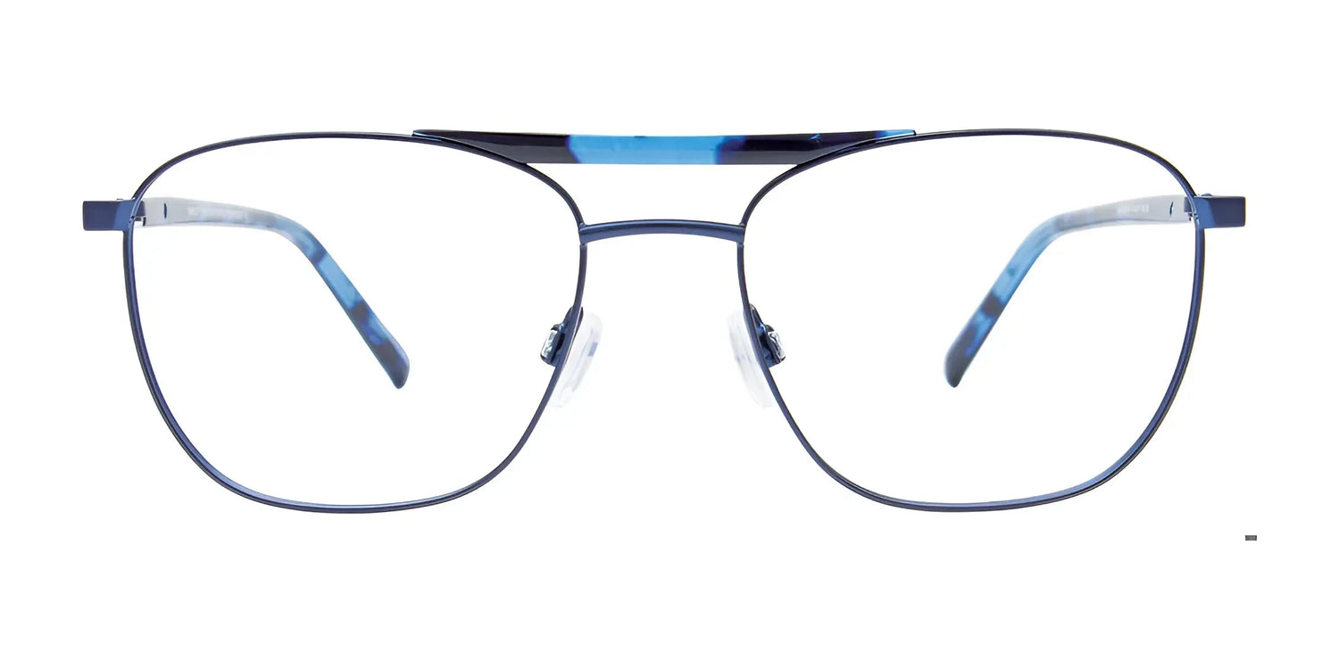 The EasyClip EC674 Eyeglasses by EasyClip feature thin blue metal aviator frames, clear nose pads, blue patterned temple tips, and a convenient clip-on sunglasses attachment for effortless style transitions. Size 54. The EasyClip EC674 Eyeglasses by EasyClip feature thin blue metal aviator frames, clear nose pads, blue patterned temple tips, and a convenient clip-on sunglasses attachment for effortless style transitions. Size 54.