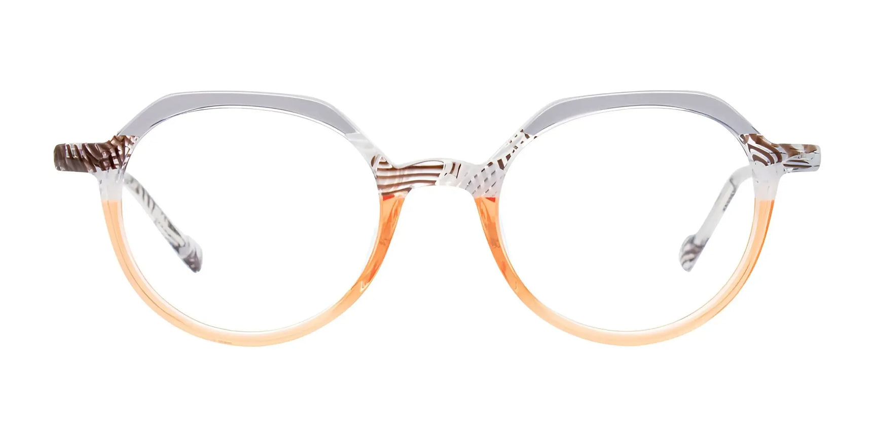 The EasyClip EC679 Eyeglasses by EasyClip feature round frames with a clear and brown patterned upper half and an orange gradient lower half. Conveniently convert them into clip-on sunglasses for versatile style. Size 49. The EasyClip EC679 Eyeglasses by EasyClip feature round frames with a clear and brown patterned upper half and an orange gradient lower half. Conveniently convert them into clip-on sunglasses for versatile style. Size 49.