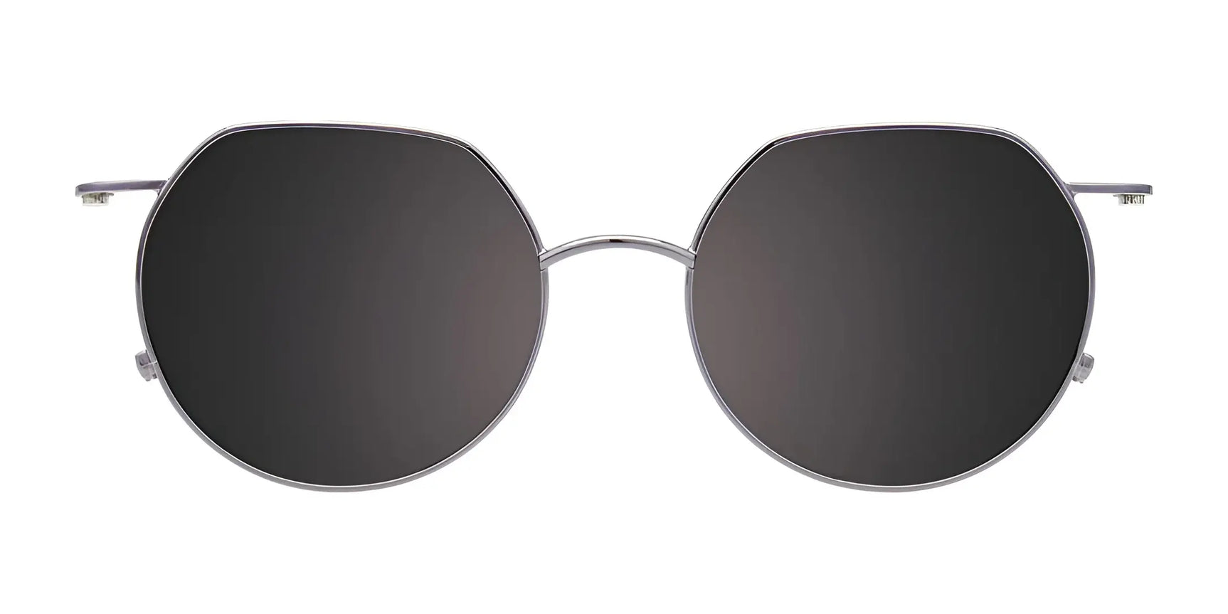 EasyClip EC679 Eyeglasses with Clip-on Sunglasses by EasyClip, size 49, feature round frames and a thin silver finish. Shown on a white background with attached dark polarized lenses. EasyClip EC679 Eyeglasses with Clip-on Sunglasses by EasyClip, size 49, feature round frames and a thin silver finish. Shown on a white background with attached dark polarized lenses.