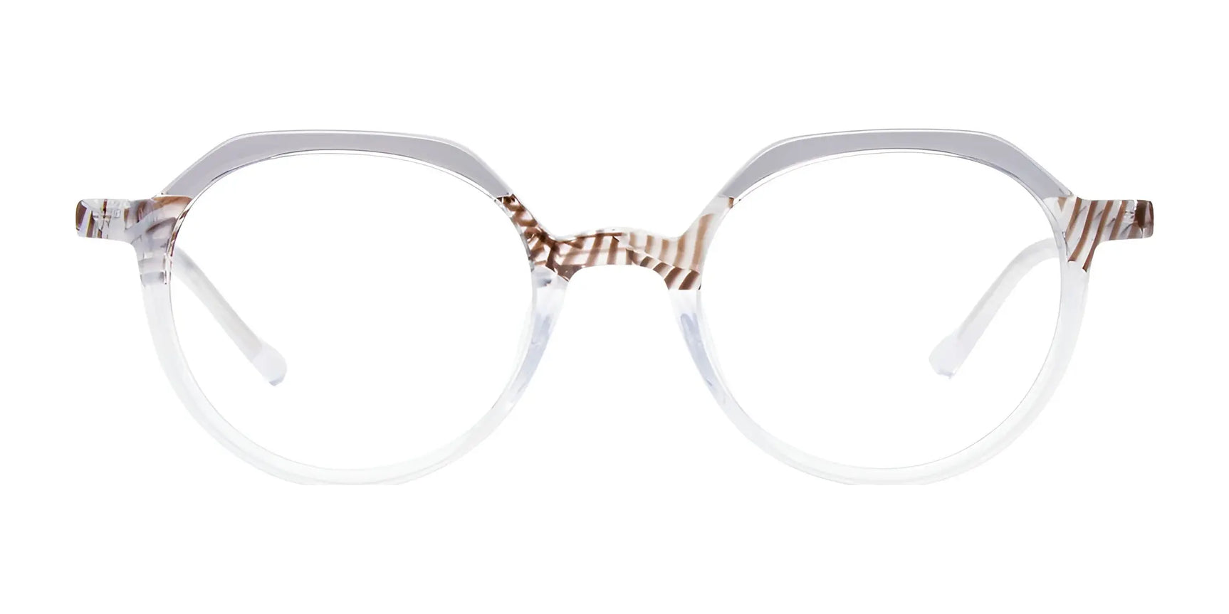 EasyClip EC679 Eyeglasses in size 49 feature clear round frames with subtle brown stripes on the bridge and arms, displayed on a white background. Includes clip-on sunglasses for enhanced convenience. EasyClip EC679 Eyeglasses in size 49 feature clear round frames with subtle brown stripes on the bridge and arms, displayed on a white background. Includes clip-on sunglasses for enhanced convenience.