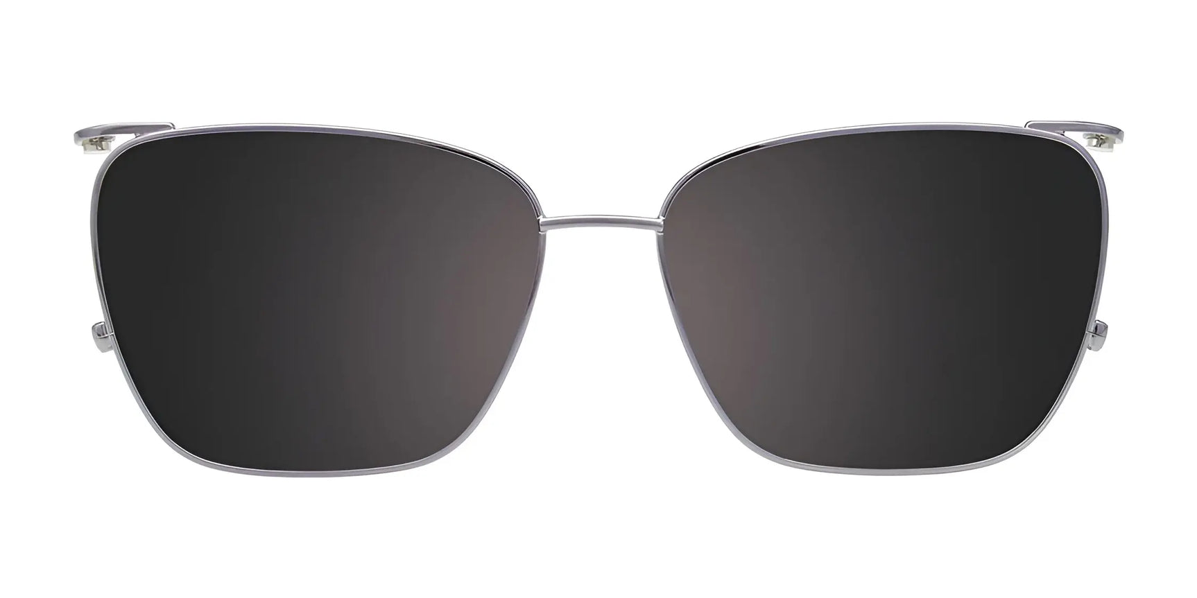 Front view of EasyClip EC680 Eyeglasses with Clip-on Sunglasses, size 52, in black square shape with thin silver metal frames, on a white background. Front view of EasyClip EC680 Eyeglasses with Clip-on Sunglasses, size 52, in black square shape with thin silver metal frames, on a white background.