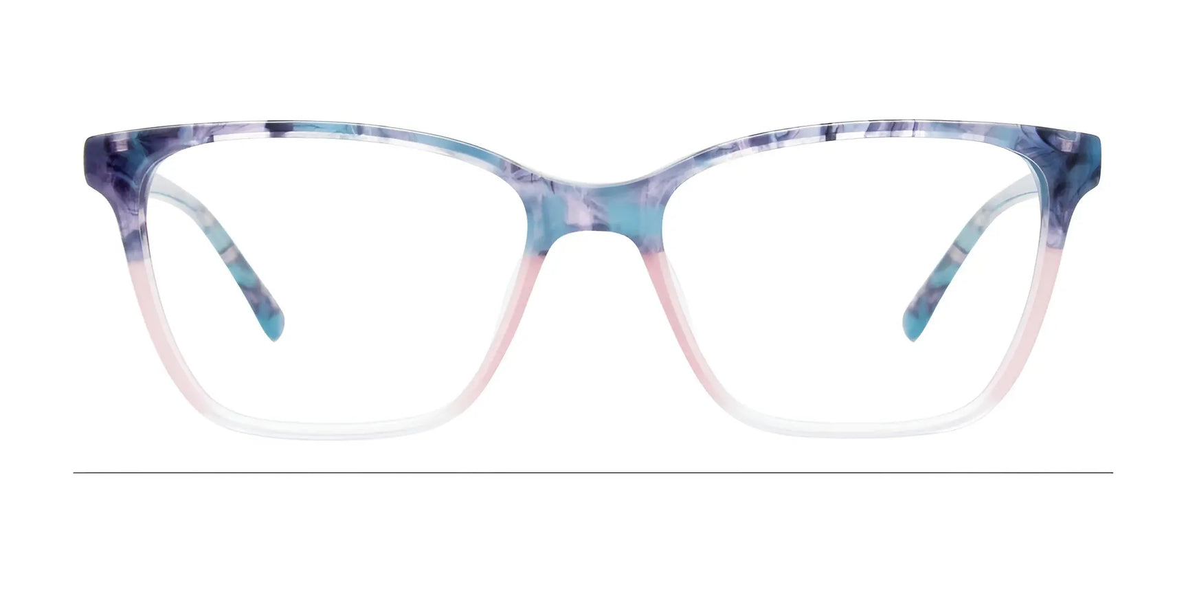 The EasyClip EC680 Eyeglasses with Clip-on Sunglasses by EasyClip feature a rectangular blue, pink, and white marbled frame, shown on a white background. These stylish prescription glasses pair easily with included clip-on sunglasses. Size 52. The EasyClip EC680 Eyeglasses with Clip-on Sunglasses by EasyClip feature a rectangular blue, pink, and white marbled frame, shown on a white background. These stylish prescription glasses pair easily with included clip-on sunglasses. Size 52.