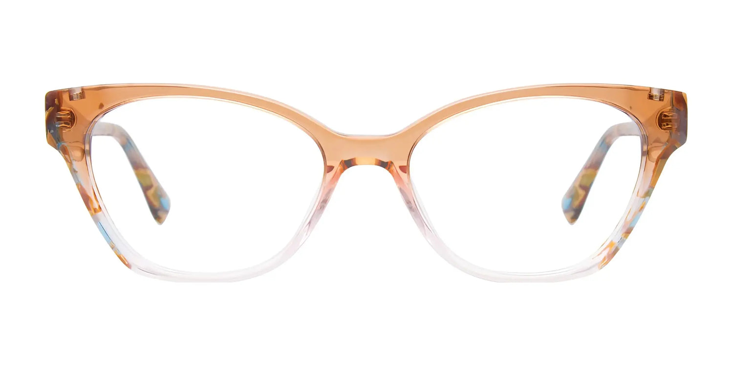 EasyClip EC682 Eyeglasses (Size 53) by EasyClip feature cat-eye frames in a transparent peach-to-clear gradient, compatible with polarized clip-on sunglasses. Shown front-facing on a white background. EasyClip EC682 Eyeglasses (Size 53) by EasyClip feature cat-eye frames in a transparent peach-to-clear gradient, compatible with polarized clip-on sunglasses. Shown front-facing on a white background.