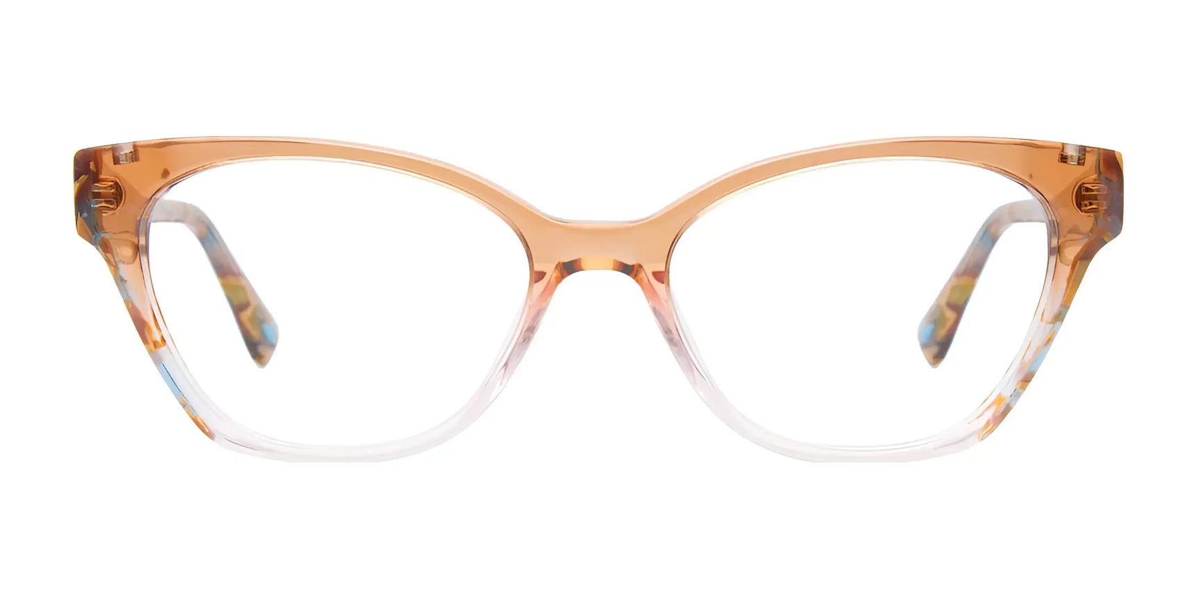 EasyClip EC682 Eyeglasses (Size 53) by EasyClip feature cat-eye frames in a transparent peach-to-clear gradient, compatible with polarized clip-on sunglasses. Shown front-facing on a white background. EasyClip EC682 Eyeglasses (Size 53) by EasyClip feature cat-eye frames in a transparent peach-to-clear gradient, compatible with polarized clip-on sunglasses. Shown front-facing on a white background.