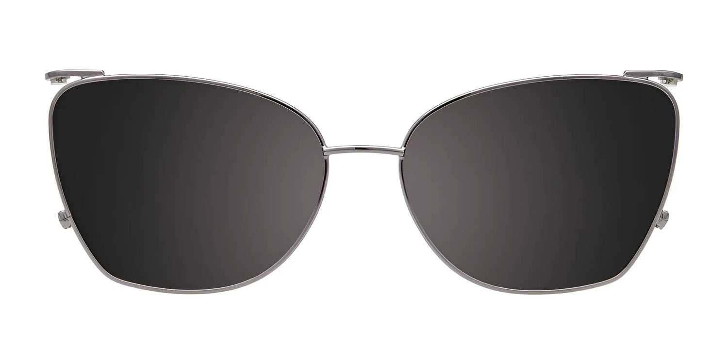 EasyClip EC682 Eyeglasses by EasyClip feature thin metallic cat-eye frames and dark clip-on sunglasses for versatile style, shown front-facing on a white background. Size 53. EasyClip EC682 Eyeglasses by EasyClip feature thin metallic cat-eye frames and dark clip-on sunglasses for versatile style, shown front-facing on a white background. Size 53.