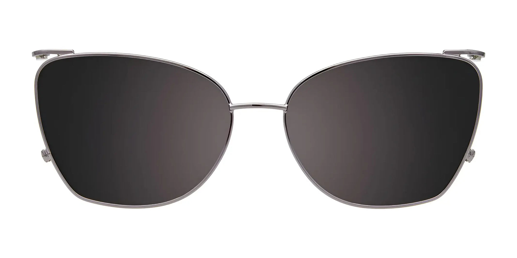 EasyClip EC682 Eyeglasses by EasyClip feature thin metallic cat-eye frames and dark clip-on sunglasses for versatile style, shown front-facing on a white background. Size 53. EasyClip EC682 Eyeglasses by EasyClip feature thin metallic cat-eye frames and dark clip-on sunglasses for versatile style, shown front-facing on a white background. Size 53.