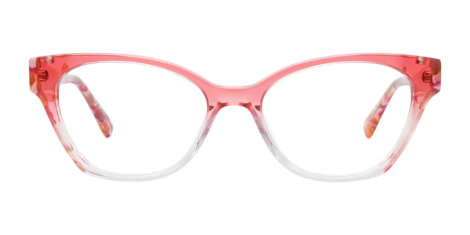EasyClip EC682 Eyeglasses in pink and clear cat-eye style feature translucent frames and a convenient clip-on polarized sunglasses option for effortless outdoor wear. Shown against a white background. Size 53 by EasyClip. EasyClip EC682 Eyeglasses in pink and clear cat-eye style feature translucent frames and a convenient clip-on polarized sunglasses option for effortless outdoor wear. Shown against a white background. Size 53 by EasyClip.