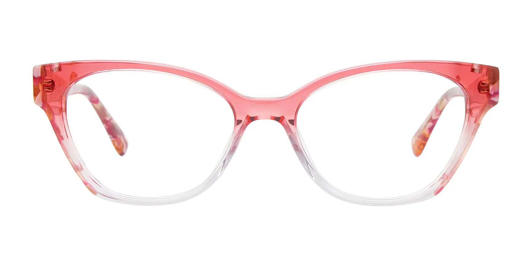 EasyClip EC682 Eyeglasses in pink and clear cat-eye style feature translucent frames and a convenient clip-on polarized sunglasses option for effortless outdoor wear. Shown against a white background. Size 53 by EasyClip. EasyClip EC682 Eyeglasses in pink and clear cat-eye style feature translucent frames and a convenient clip-on polarized sunglasses option for effortless outdoor wear. Shown against a white background. Size 53 by EasyClip.