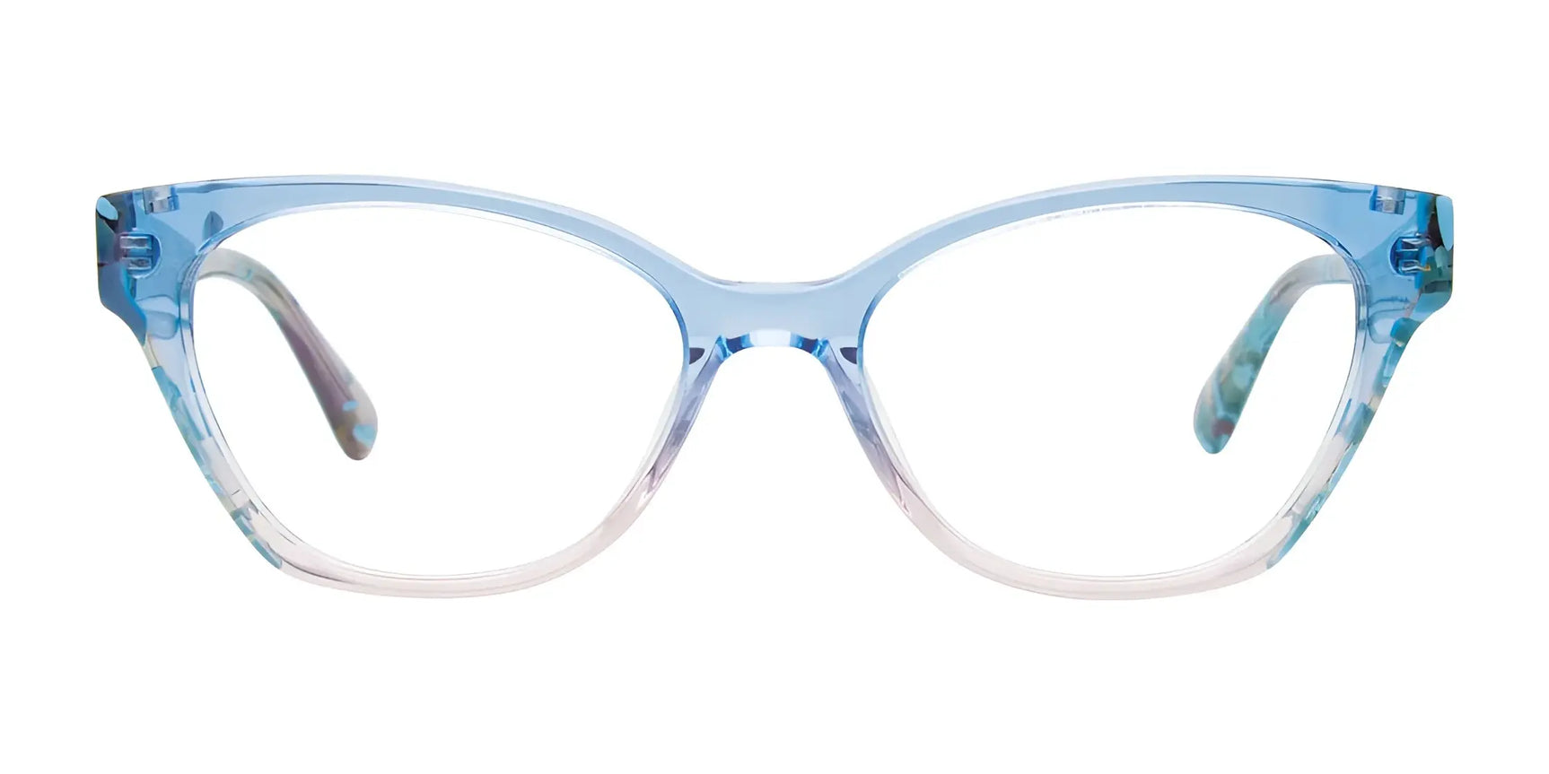 EasyClip EC682 Eyeglasses with Clip-on Sunglasses, size 53 by EasyClip, feature blue and clear cat-eye frames with transparent rims and polarized clip-on compatibility, shown on a white background. EasyClip EC682 Eyeglasses with Clip-on Sunglasses, size 53 by EasyClip, feature blue and clear cat-eye frames with transparent rims and polarized clip-on compatibility, shown on a white background.