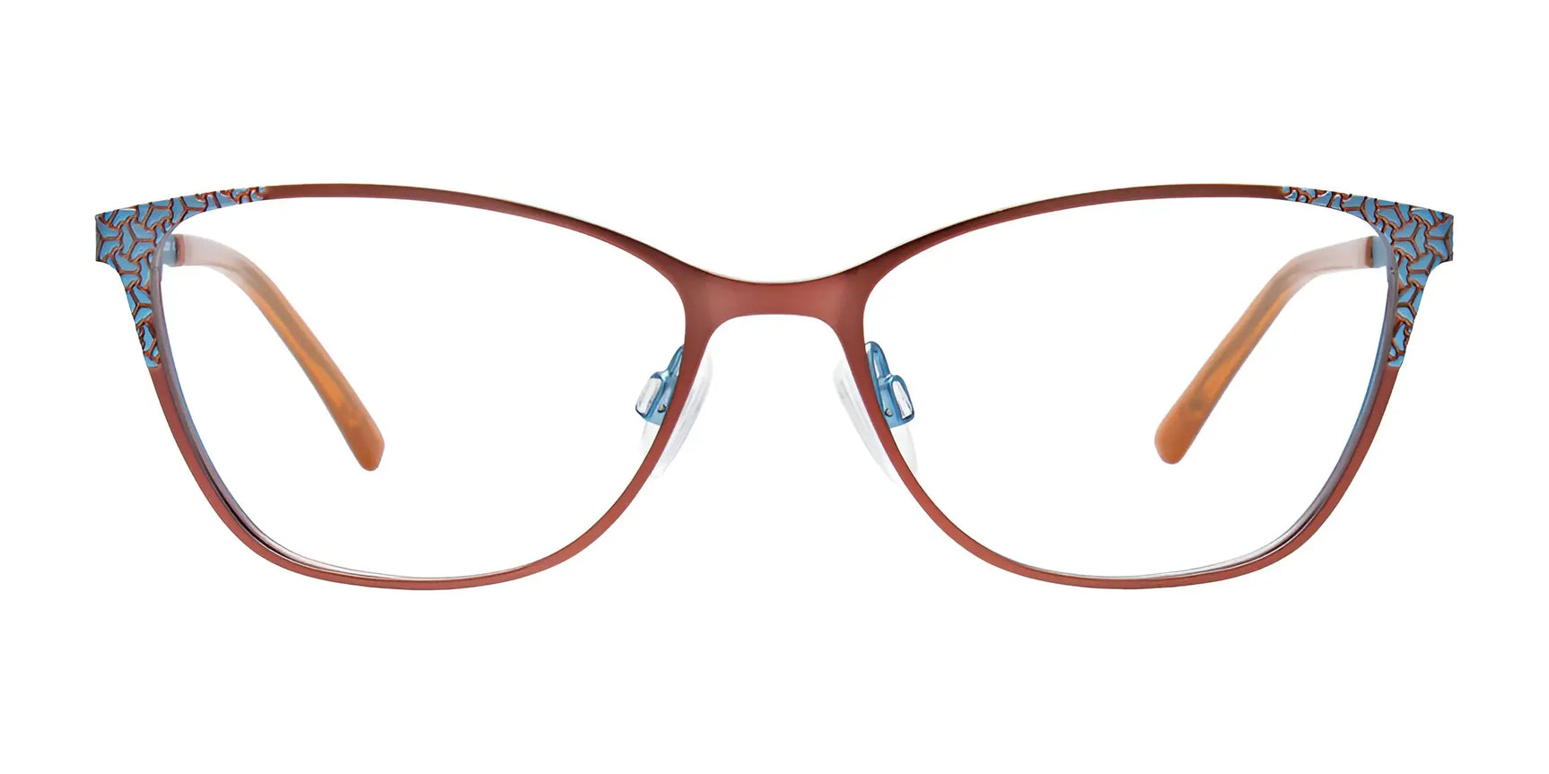 EasyClip EC683 Eyeglasses by EasyClip have a brown cat-eye frame, blue patterned corners, and orange-brown temple arms. Shown on a white background. Includes matching clip-on sunglasses for convenient style. Size 52. EasyClip EC683 Eyeglasses by EasyClip have a brown cat-eye frame, blue patterned corners, and orange-brown temple arms. Shown on a white background. Includes matching clip-on sunglasses for convenient style. Size 52.