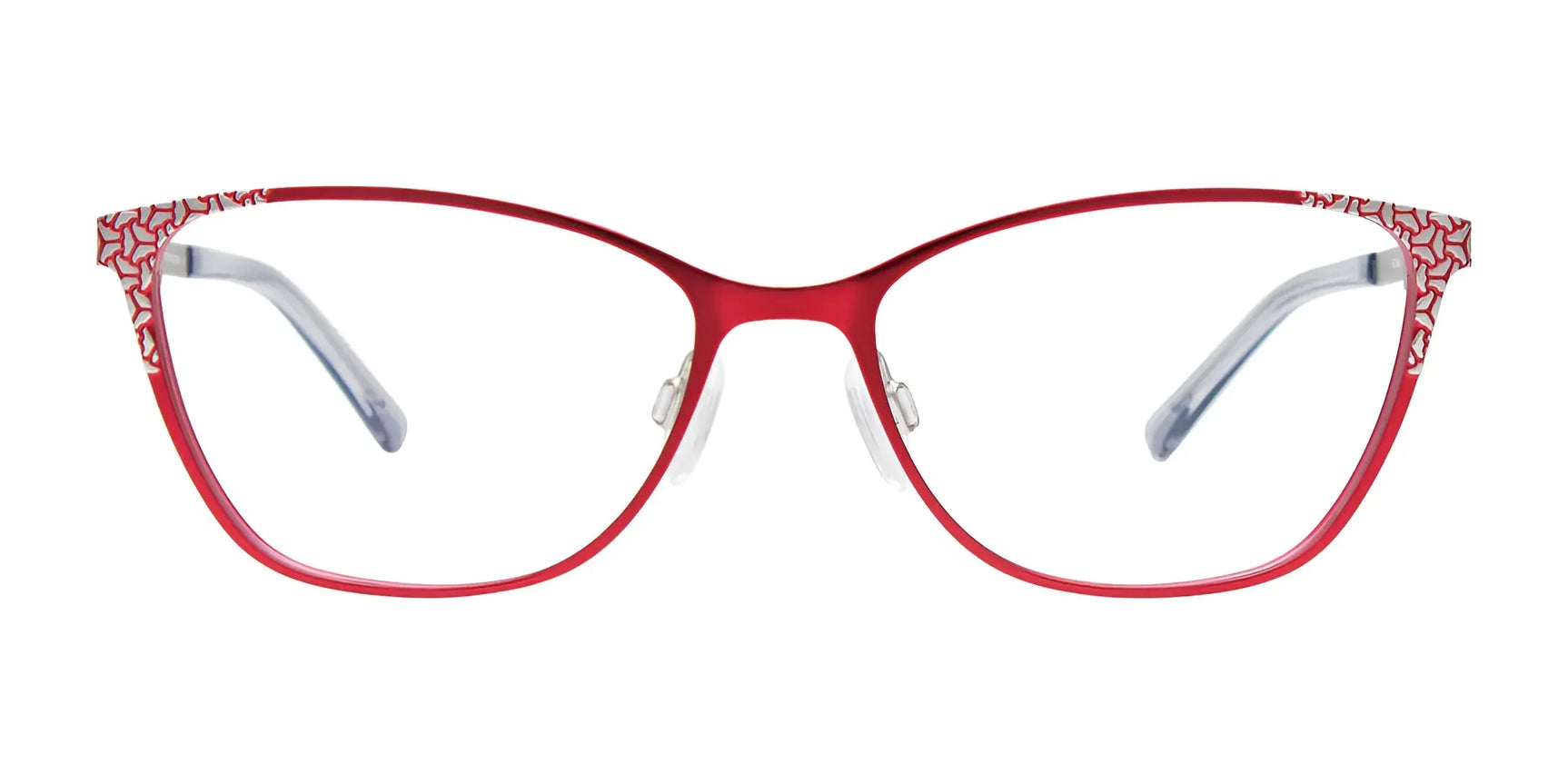 The EasyClip EC683 Eyeglasses by EasyClip feature a red cat-eye frame with cut-out corners, clear nose pads, and come with clip-on sunglasses for extra versatility. Size 52. The EasyClip EC683 Eyeglasses by EasyClip feature a red cat-eye frame with cut-out corners, clear nose pads, and come with clip-on sunglasses for extra versatility. Size 52.