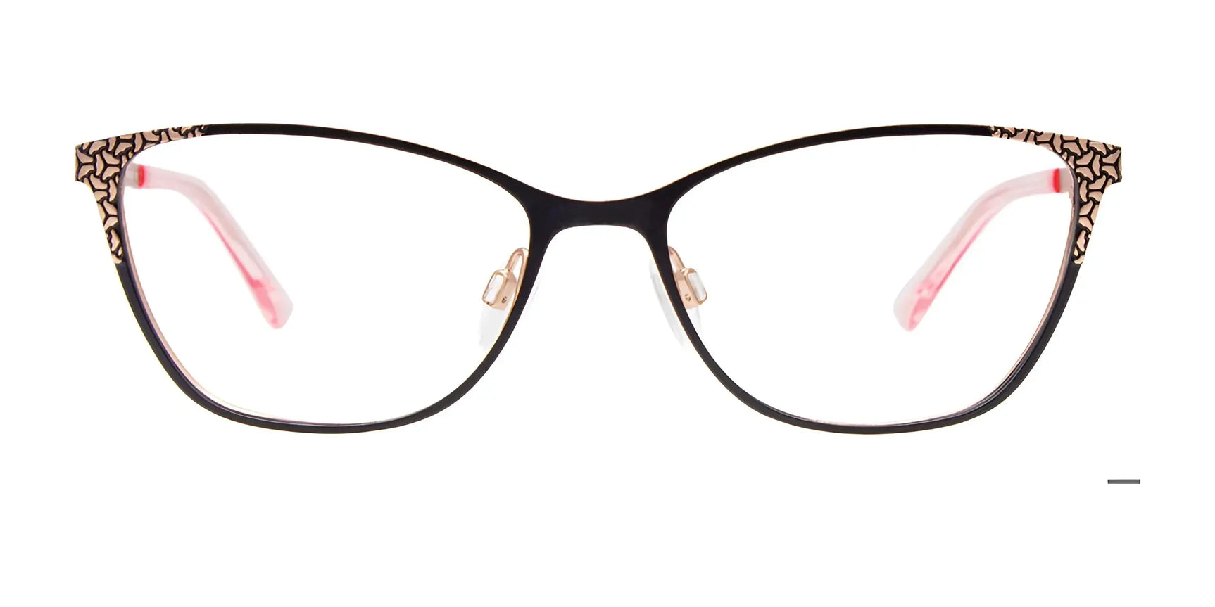 EasyClip EC683 Eyeglasses by EasyClip feature a black cat-eye frame with gold accents on the corners and pink-tipped arms, shown on a white background. Includes clip-on sunglasses. Size 52. EasyClip EC683 Eyeglasses by EasyClip feature a black cat-eye frame with gold accents on the corners and pink-tipped arms, shown on a white background. Includes clip-on sunglasses. Size 52.