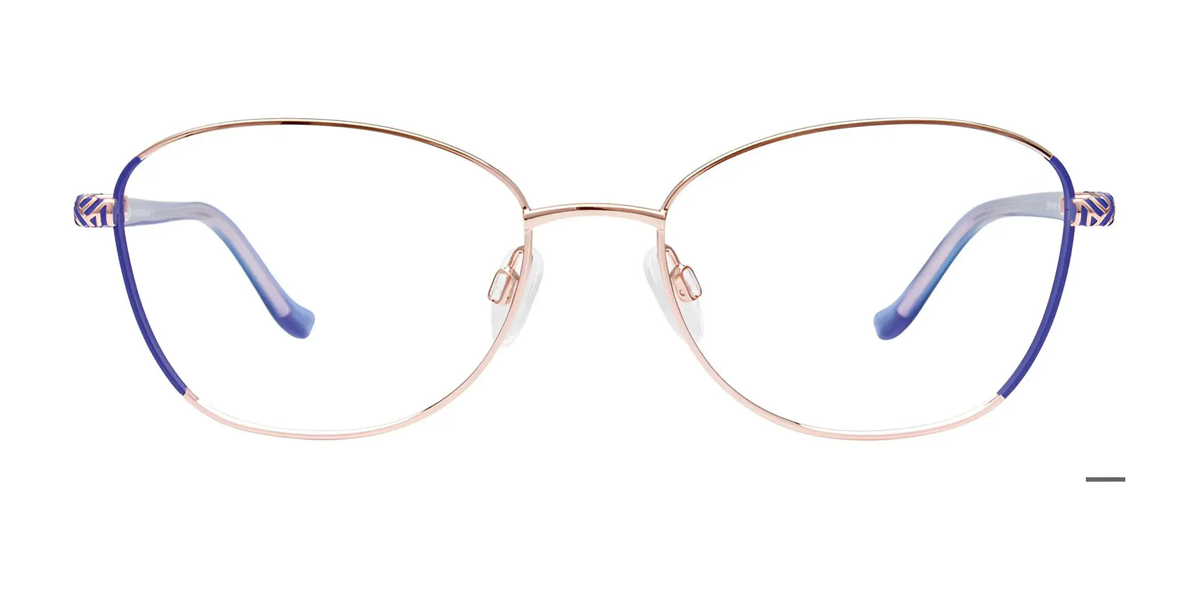 The EasyClip EC684 Eyeglasses with Clip-on Sunglasses by EasyClip feature gold round frames with blue-tipped arms, combining style and convenience. Shown on a white background. Size 54. The EasyClip EC684 Eyeglasses with Clip-on Sunglasses by EasyClip feature gold round frames with blue-tipped arms, combining style and convenience. Shown on a white background. Size 54.