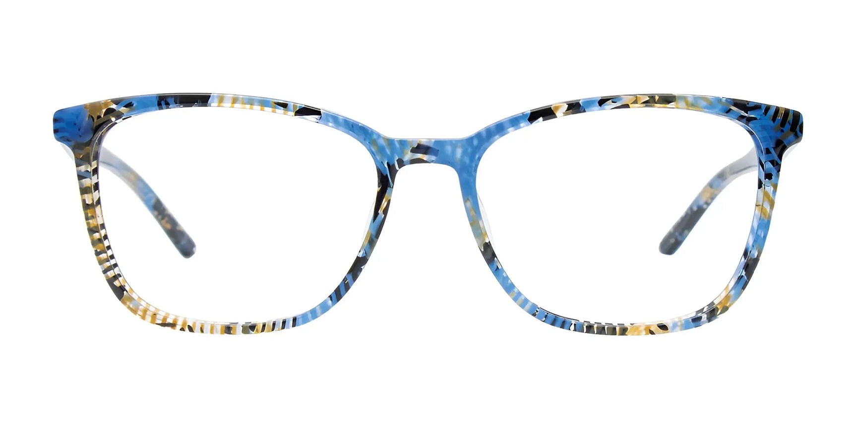 EasyClip EC686 Eyeglasses with Clip-on Sunglasses feature a blue, yellow, and black tortoiseshell patterned rectangular cat-eye frame. Brand: EasyClip. Size 52. Front view shown. EasyClip EC686 Eyeglasses with Clip-on Sunglasses feature a blue, yellow, and black tortoiseshell patterned rectangular cat-eye frame. Brand: EasyClip. Size 52. Front view shown.