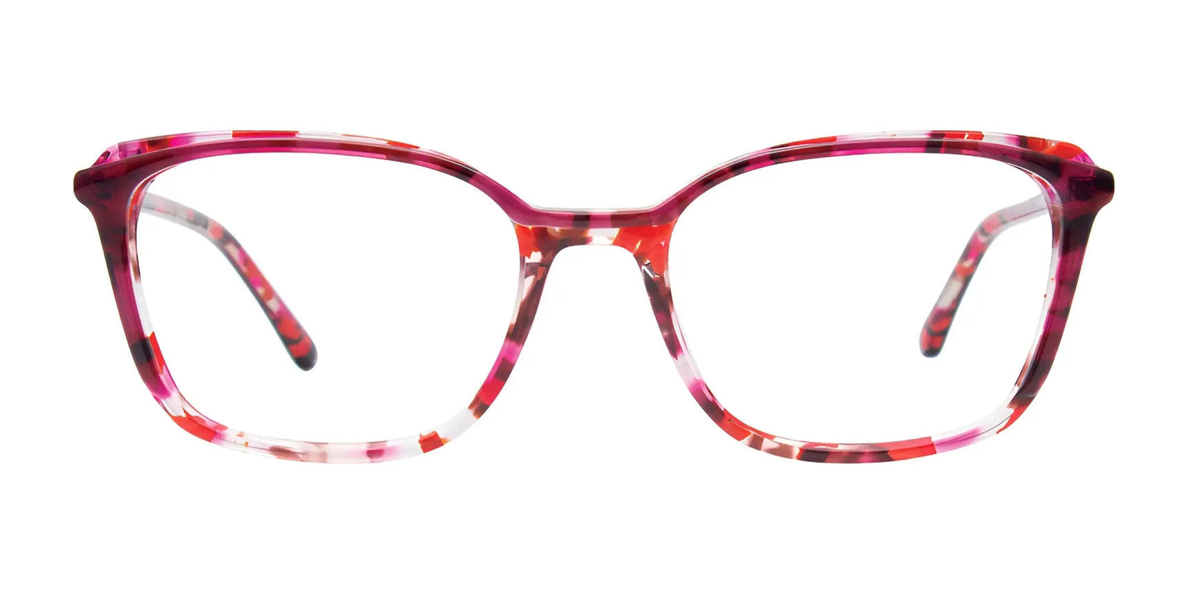 EasyClip EC687 Eyeglasses in red and pink patterns feature rectangular frames, shown on a white background. Includes convenient clip-on sunglasses for extra versatility. Size 52 by EasyClip. EasyClip EC687 Eyeglasses in red and pink patterns feature rectangular frames, shown on a white background. Includes convenient clip-on sunglasses for extra versatility. Size 52 by EasyClip.