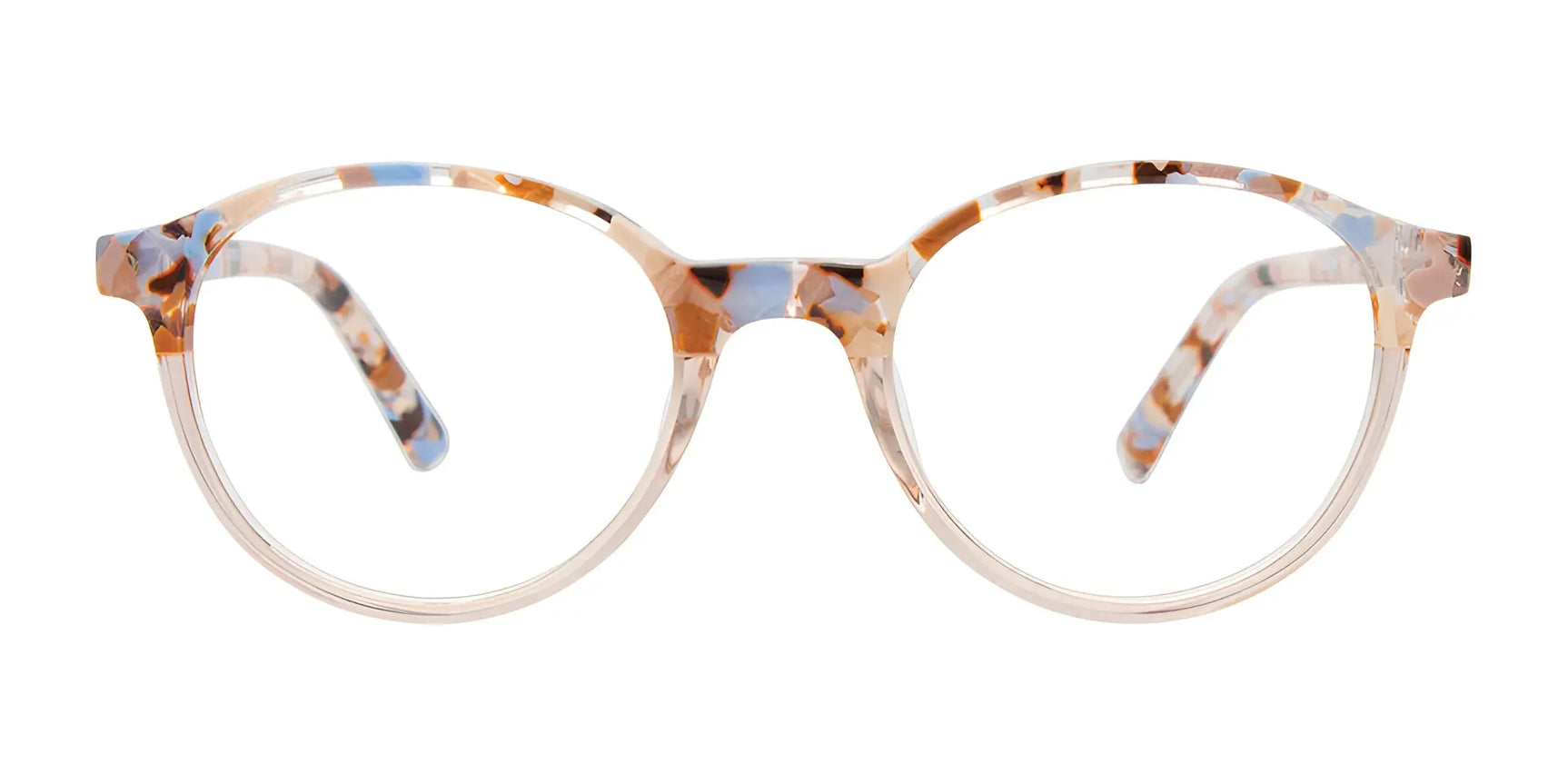 The EasyClip EC692 Eyeglasses by EasyClip feature a round clear frame with brown, blue, and beige tortoiseshell patterns—prescription ready for stylish and innovative vision. Size 43. The EasyClip EC692 Eyeglasses by EasyClip feature a round clear frame with brown, blue, and beige tortoiseshell patterns—prescription ready for stylish and innovative vision. Size 43.