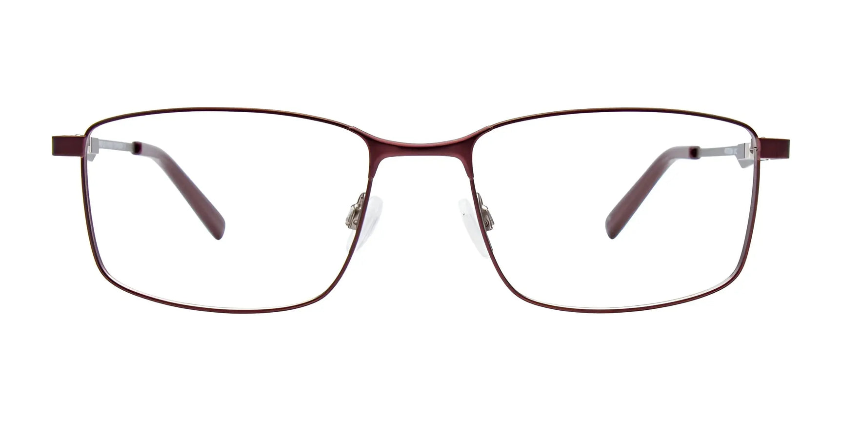 EasyClip EC694 eyeglasses by EasyClip feature a red rectangular metal frame and include a convenient polarized clip-on sunglasses, shown from the front against a white background. Size 54. EasyClip EC694 eyeglasses by EasyClip feature a red rectangular metal frame and include a convenient polarized clip-on sunglasses, shown from the front against a white background. Size 54.