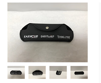 Black Easyclip snapping case for magnetic clip-on sunglasses, branded with the EASYCLIP logo. Designed for secure protection, this case features smaller images showcasing different angles.