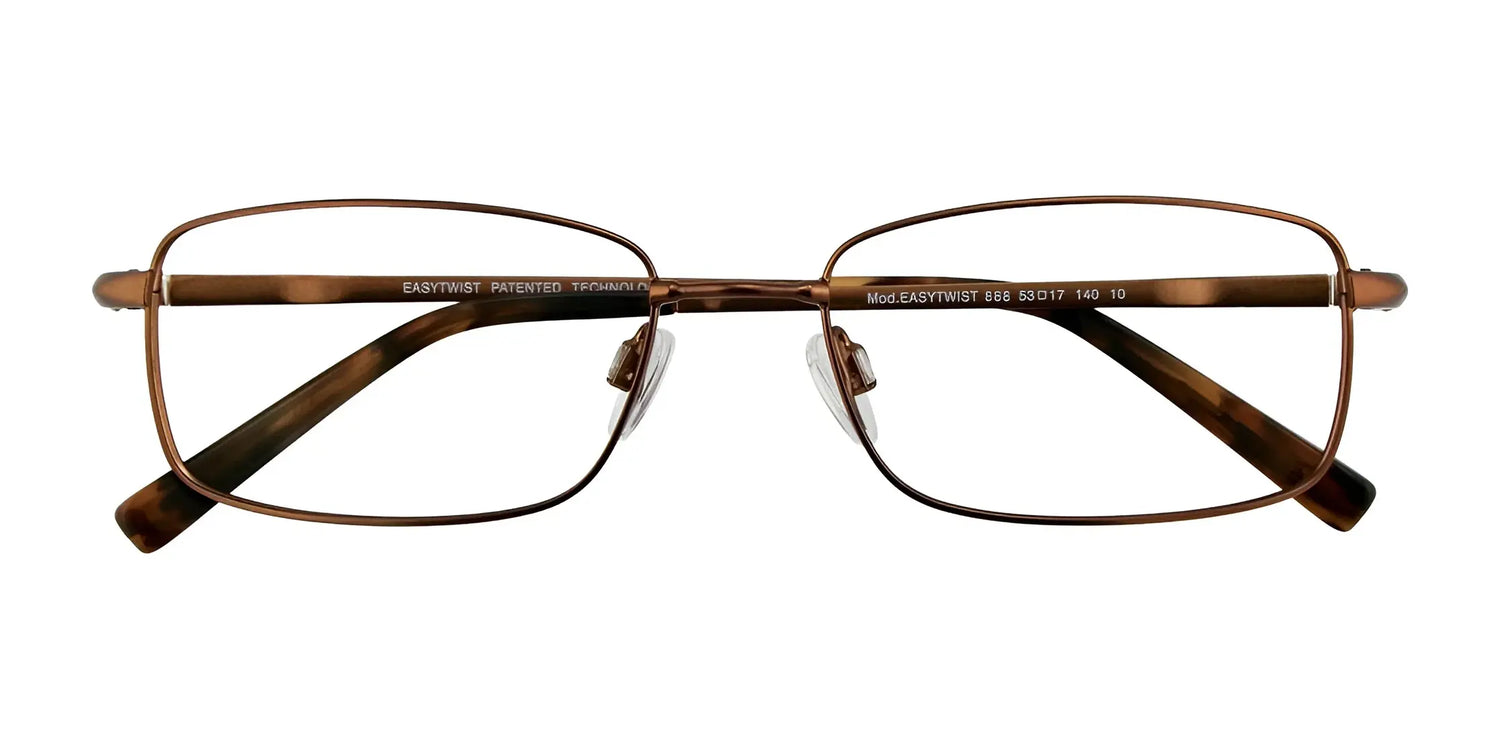EasyTwist ET888 Eyeglasses by EasyTwist, in brown and rectangular shape with thin rims and gently curved arms, are shown on a white background. These durable, prescription-ready glasses come in size 53 for everyday wear. EasyTwist ET888 Eyeglasses by EasyTwist, in brown and rectangular shape with thin rims and gently curved arms, are shown on a white background. These durable, prescription-ready glasses come in size 53 for everyday wear.