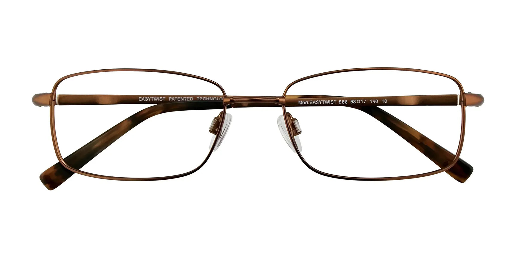EasyTwist ET888 Eyeglasses by EasyTwist, in brown and rectangular shape with thin rims and gently curved arms, are shown on a white background. These durable, prescription-ready glasses come in size 53 for everyday wear. EasyTwist ET888 Eyeglasses by EasyTwist, in brown and rectangular shape with thin rims and gently curved arms, are shown on a white background. These durable, prescription-ready glasses come in size 53 for everyday wear.