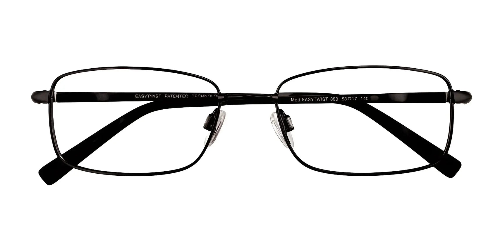 The EasyTwist ET888 Eyeglasses | Size 53 by EasyTwist are black rectangular frames with clear nose pads and straight temples—stylish, durable, and prescription ready, shown from the front. The EasyTwist ET888 Eyeglasses | Size 53 by EasyTwist are black rectangular frames with clear nose pads and straight temples—stylish, durable, and prescription ready, shown from the front.
