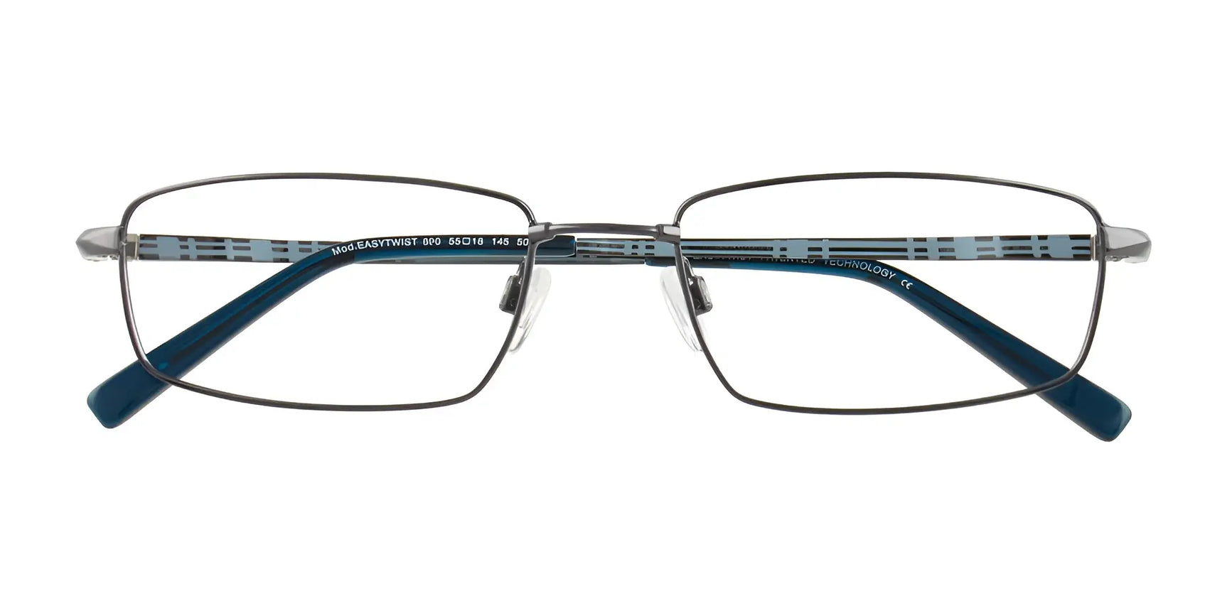 EasyTwist ET890 Eyeglasses by EasyTwist, size 55, feature a rectangular shape and blue-gray striped arms. Viewed from the front, their twistable design provides extra durability. EasyTwist ET890 Eyeglasses by EasyTwist, size 55, feature a rectangular shape and blue-gray striped arms. Viewed from the front, their twistable design provides extra durability.