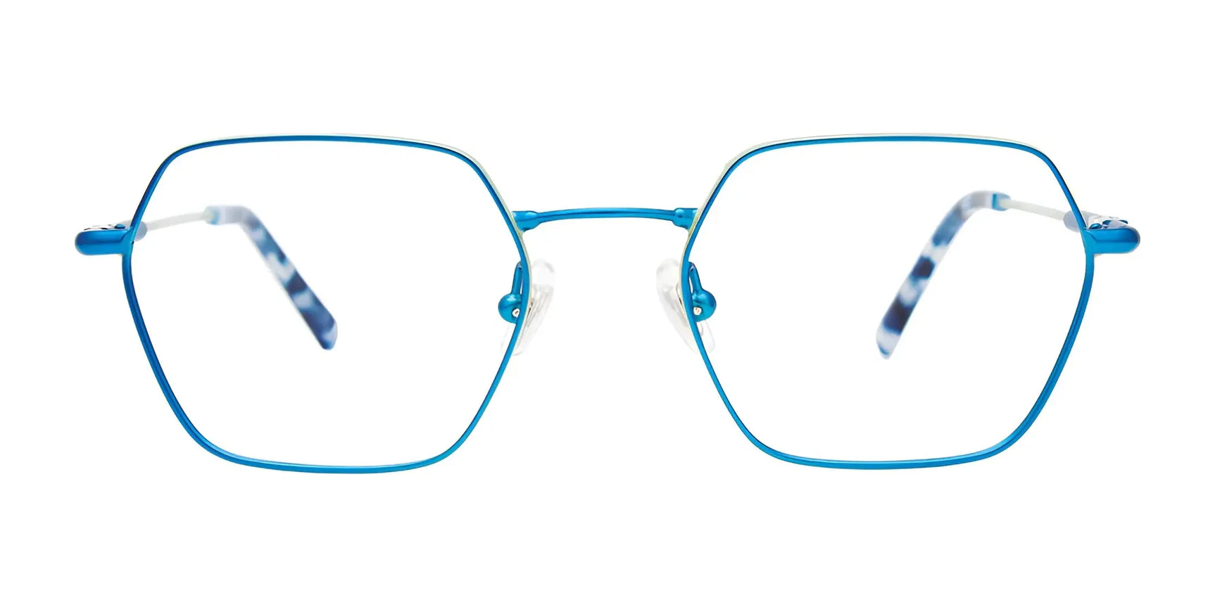 EasyTwist ET9003 Eyeglasses by EasyTwist: blue metal hexagonal frames with thin rims, patterned temple tips, and durable memory metal featuring EasyTwist technology, shown from the front. Size 47. EasyTwist ET9003 Eyeglasses by EasyTwist: blue metal hexagonal frames with thin rims, patterned temple tips, and durable memory metal featuring EasyTwist technology, shown from the front. Size 47.