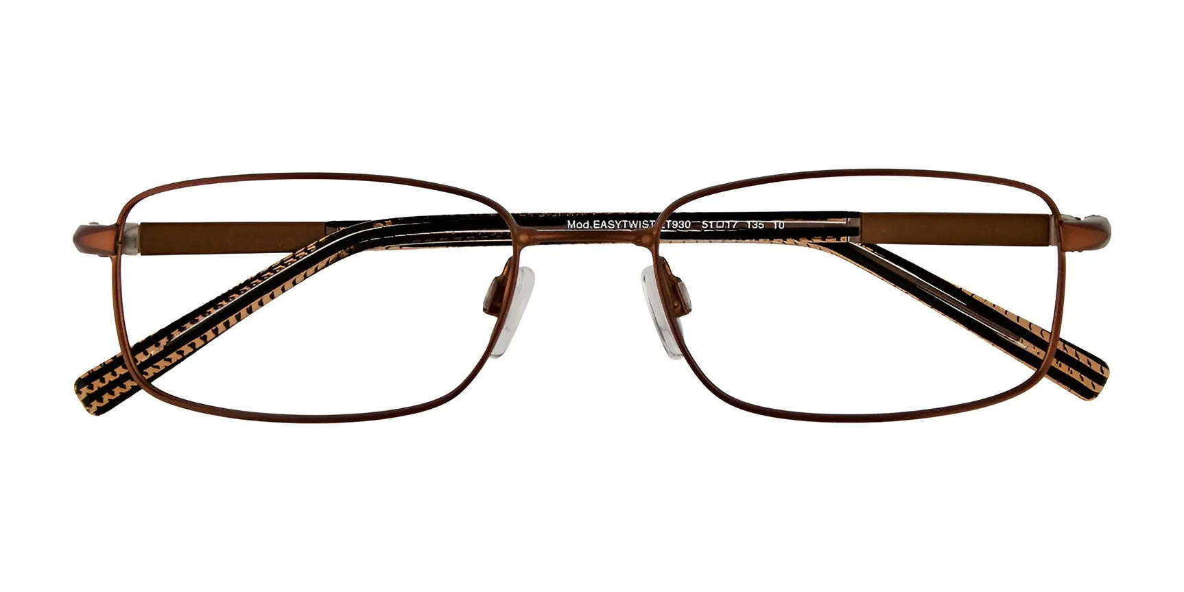 The EasyTwist ET930 Eyeglasses | Size 51 by EasyTwist are brown, full-rim, rectangle frames with thin rims and patterned arms. Twistable for lasting durability and style, shown from the front. The EasyTwist ET930 Eyeglasses | Size 51 by EasyTwist are brown, full-rim, rectangle frames with thin rims and patterned arms. Twistable for lasting durability and style, shown from the front.
