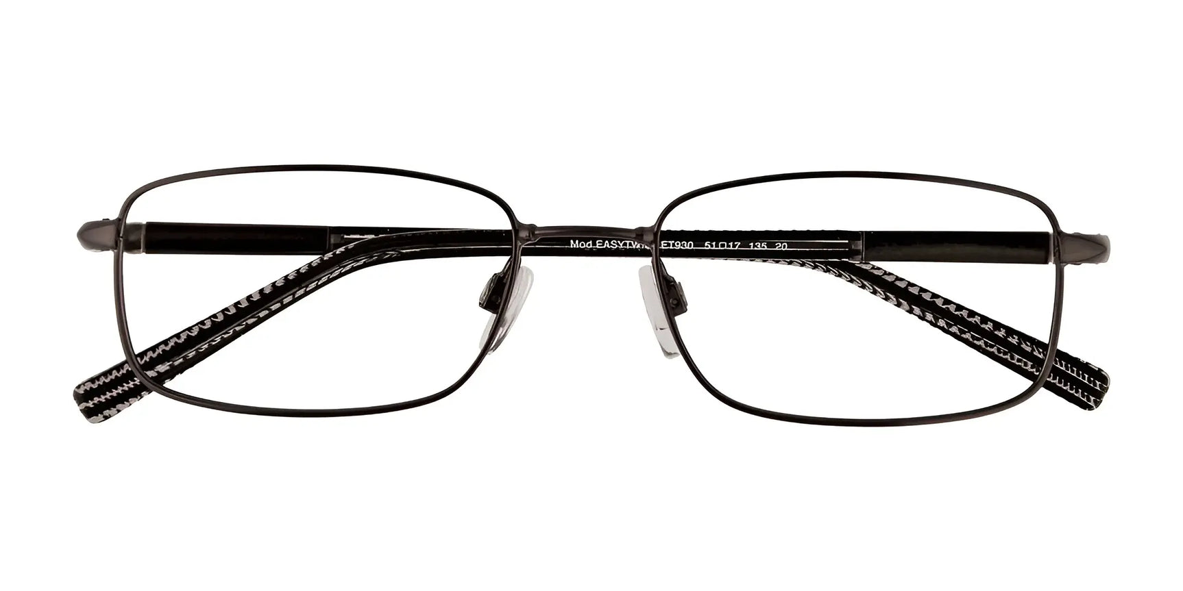 EasyTwist ET930 Eyeglasses by EasyTwist, size 51: black rectangle full-rim frames with flexible, twistable patterned temple arms, shown front-facing on a white background. EasyTwist ET930 Eyeglasses by EasyTwist, size 51: black rectangle full-rim frames with flexible, twistable patterned temple arms, shown front-facing on a white background.