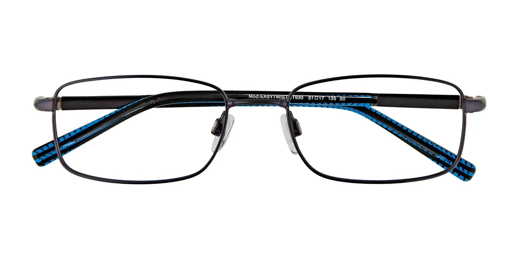 The EasyTwist ET930 Eyeglasses | Size 51 by EasyTwist feature black rectangle full-rim frames with blue and black striped arms and twistable design, displayed on a white background. The EasyTwist ET930 Eyeglasses | Size 51 by EasyTwist feature black rectangle full-rim frames with blue and black striped arms and twistable design, displayed on a white background.